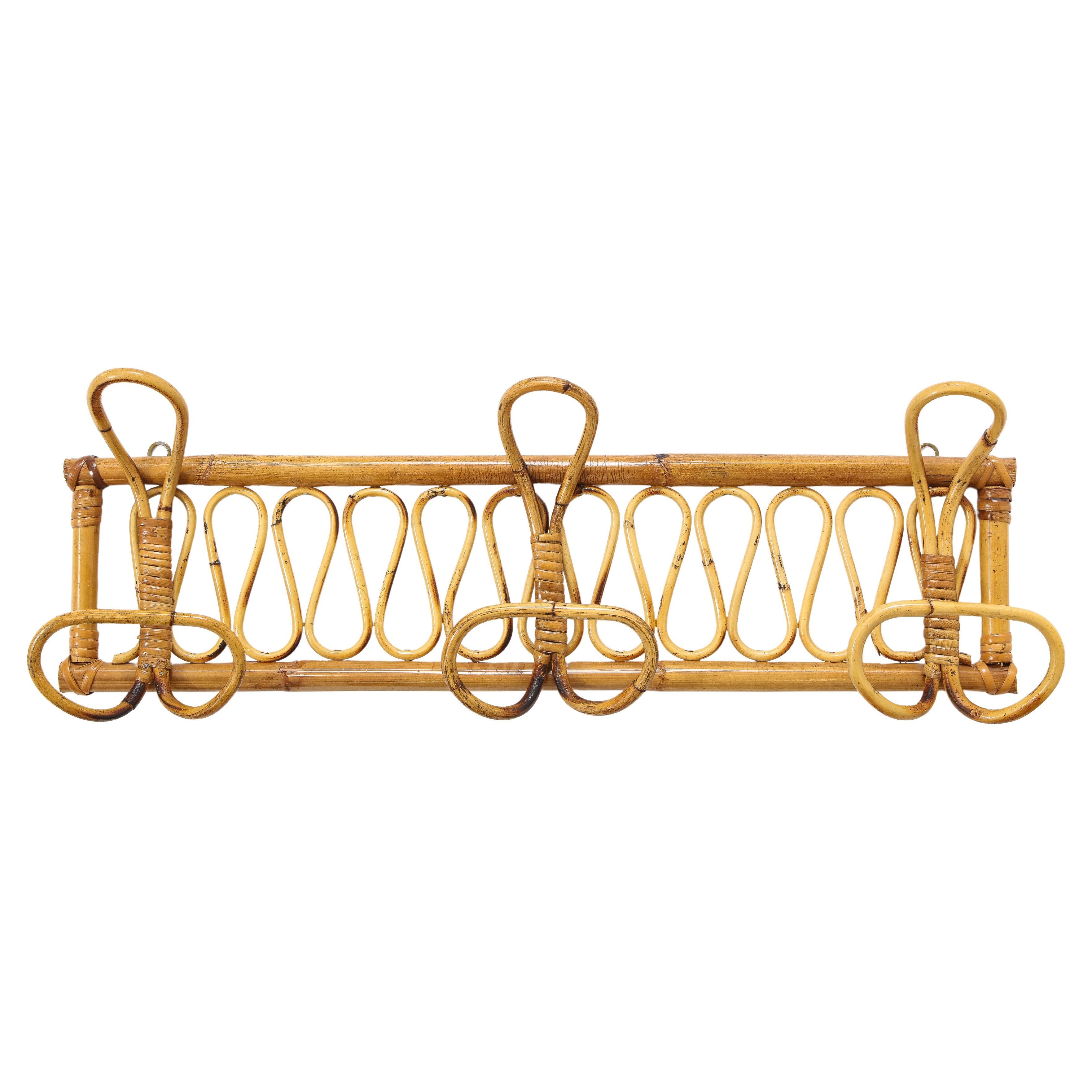Italian 1950's Bamboo Wall Mounted Coat or Hat Rack  For Sale
