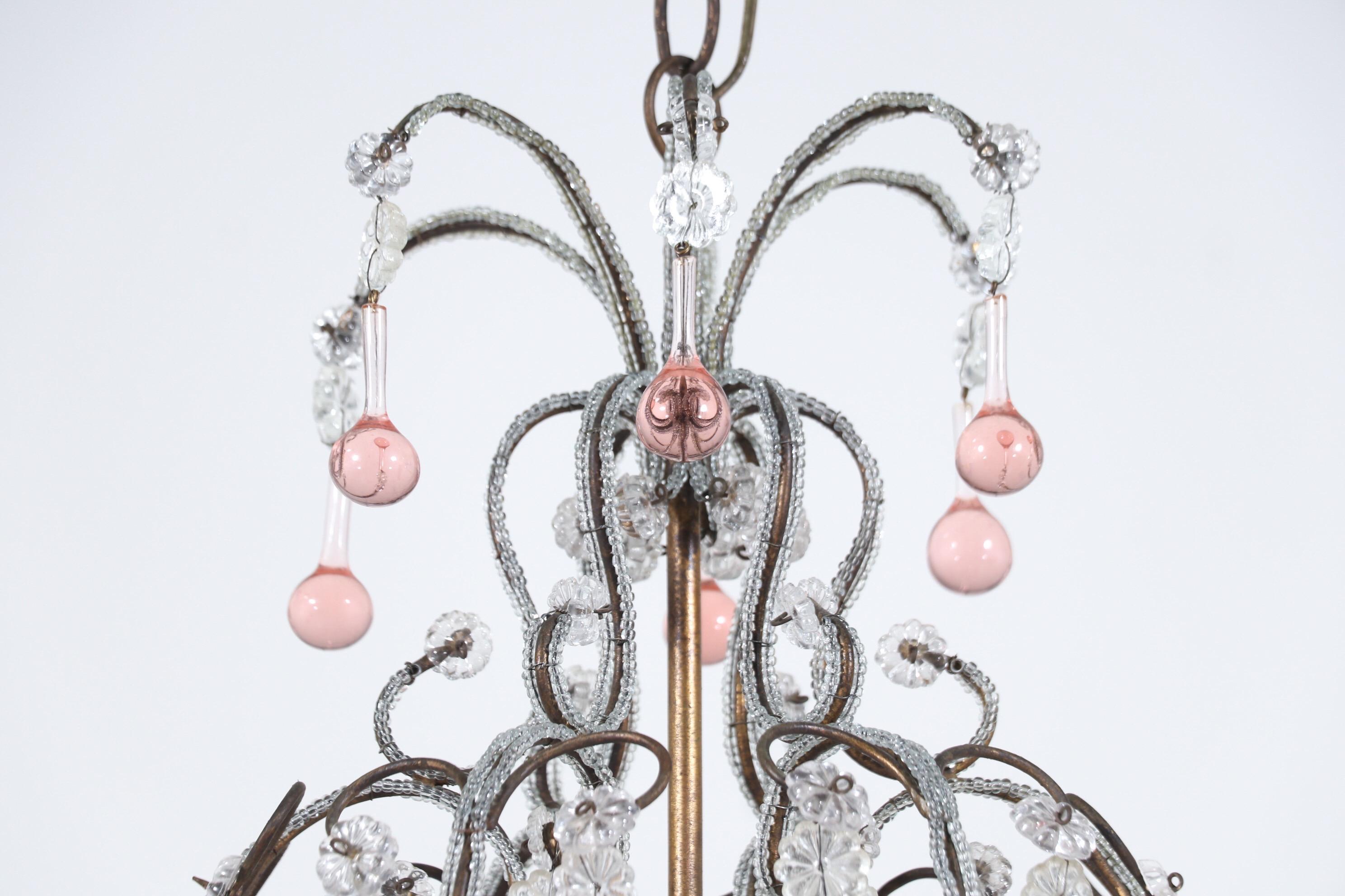 Louis XVI Italian 1950s Beaded Chandelier with Pink Drops