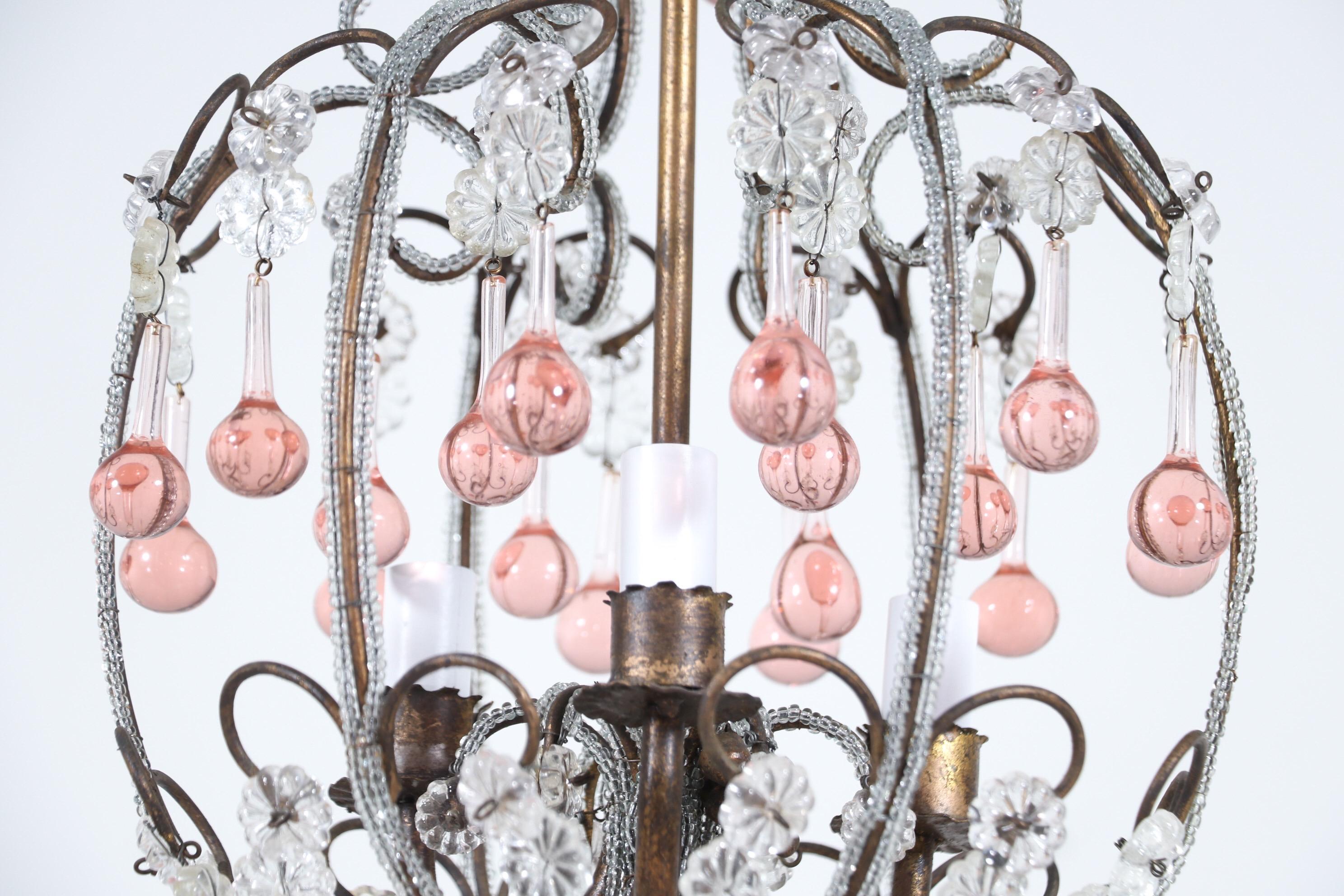 Mid-20th Century Italian 1950s Beaded Chandelier with Pink Drops
