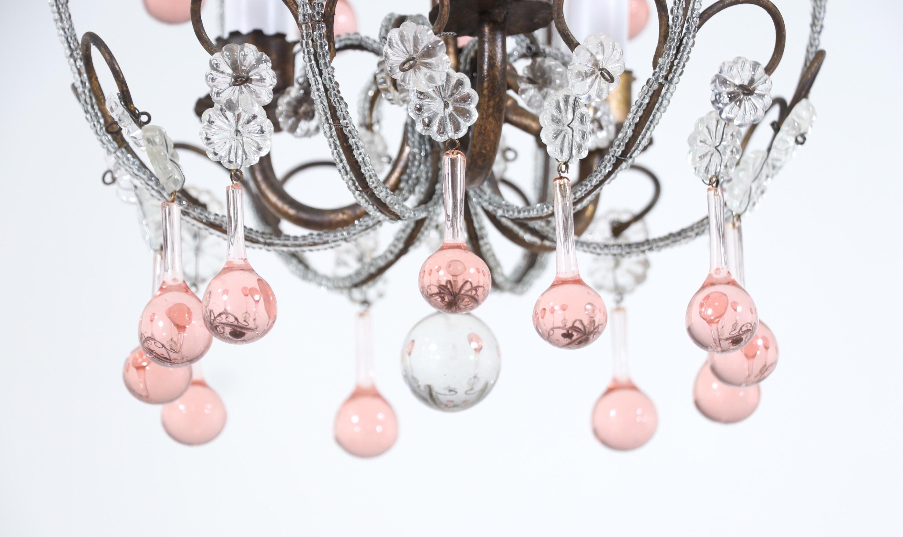 Crystal Italian 1950s Beaded Chandelier with Pink Drops