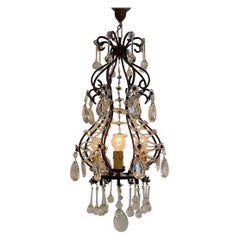 Italian 1950s Black Iron and Crystal Cage Pendant Light / Chandelier