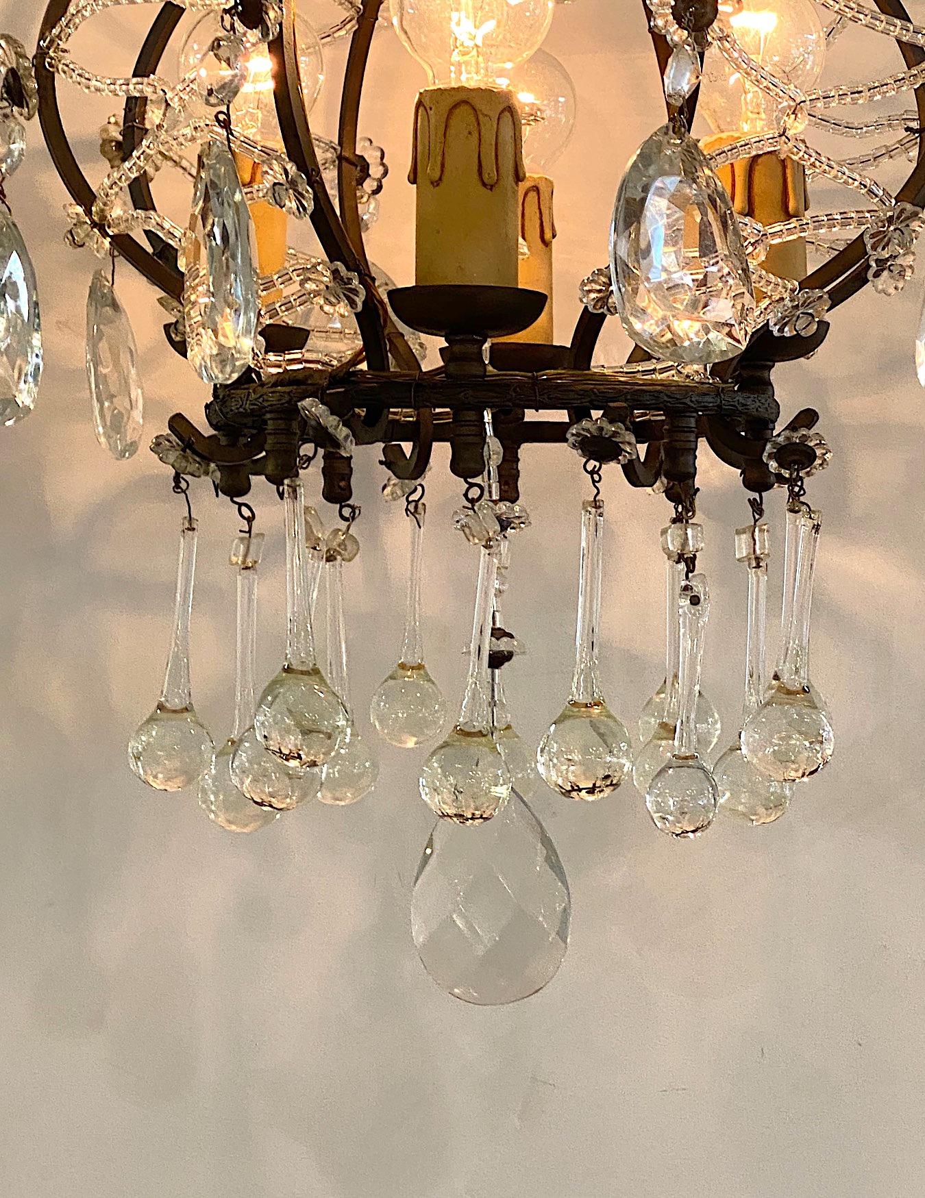 Italian 1950s Black Iron and Crystal Cage Pendant Light / Chandelier In Good Condition For Sale In New York, NY