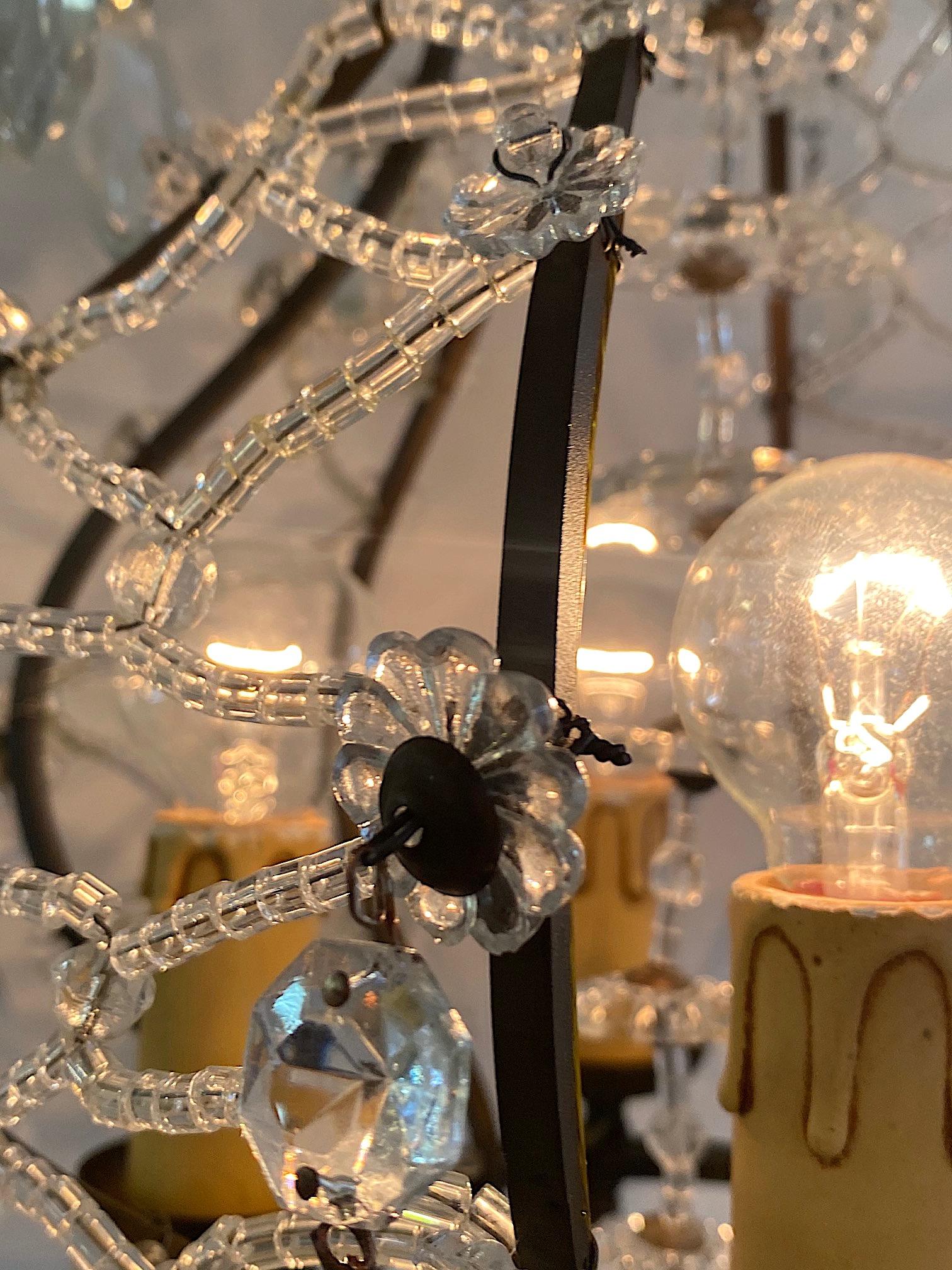 Italian 1950s Black Iron and Crystal Cage Pendant Light / Chandelier For Sale 3