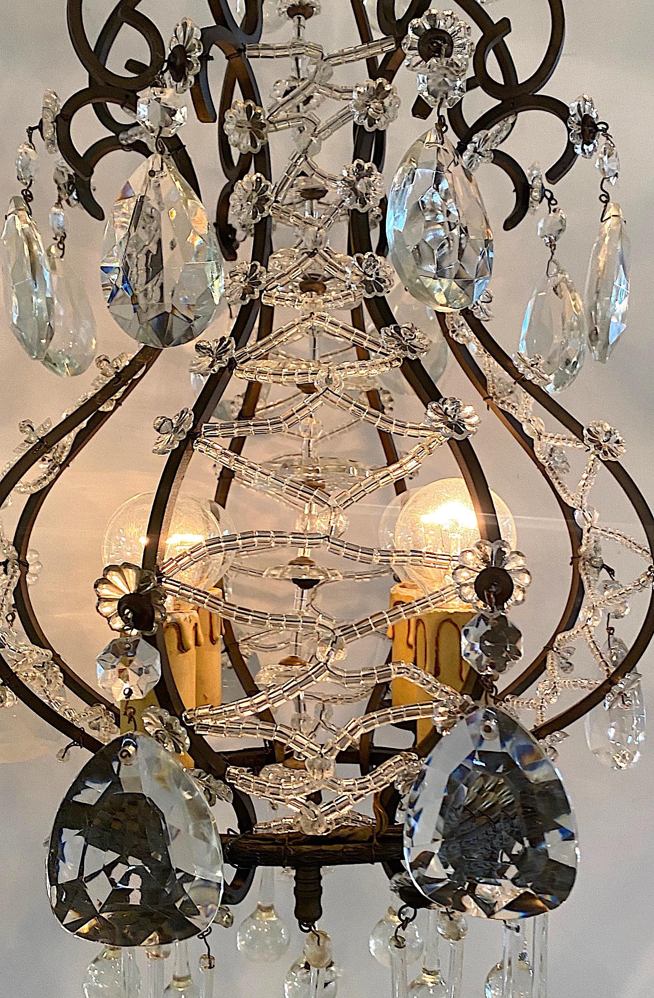 Italian 1950s Black Iron and Crystal Cage Pendant Light / Chandelier For Sale 4