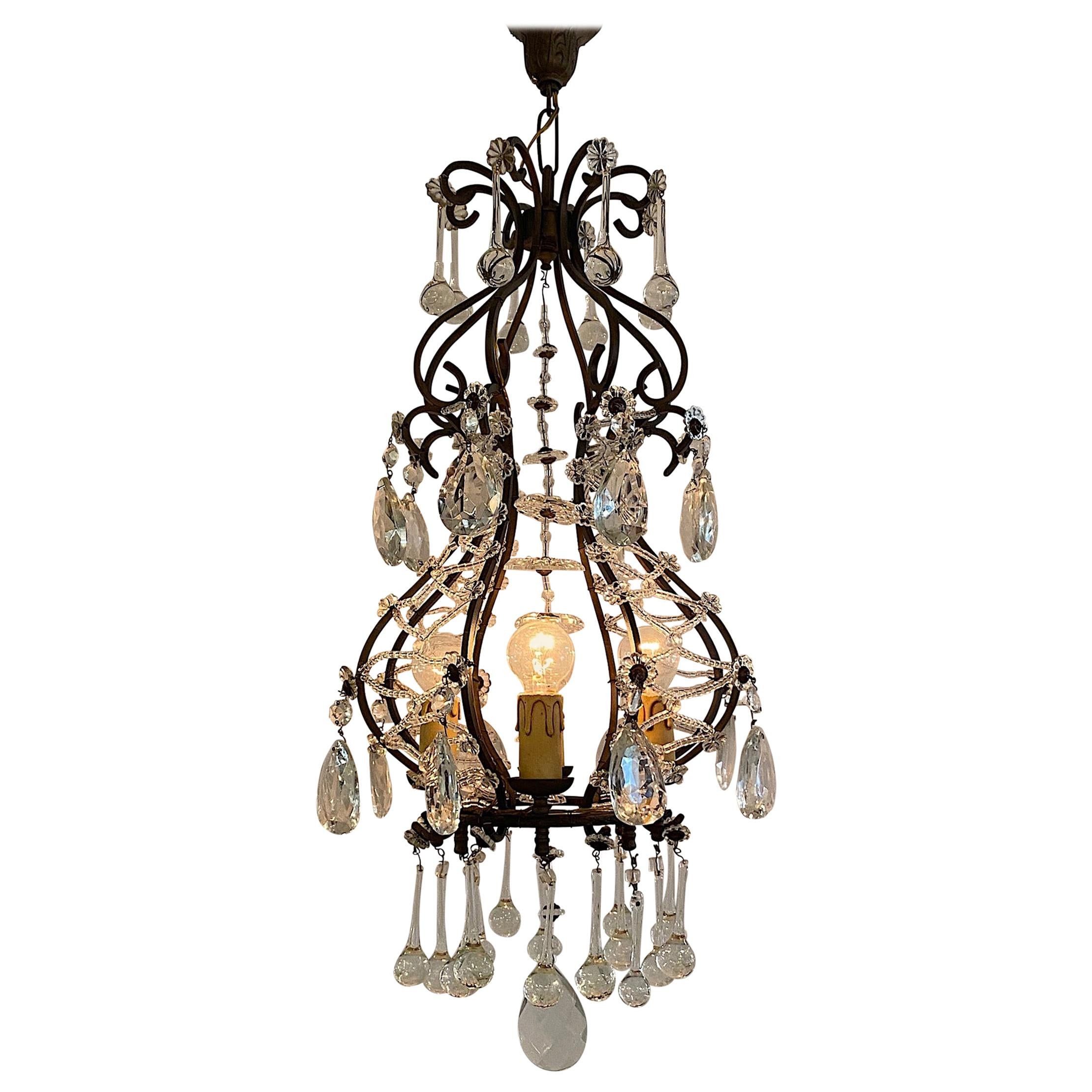 Italian 1950s Black Iron and Crystal Cage Pendant Light / Chandelier