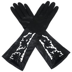 Vintage Italian 1950's Black Leather Gloves With Embroidered Cut Work