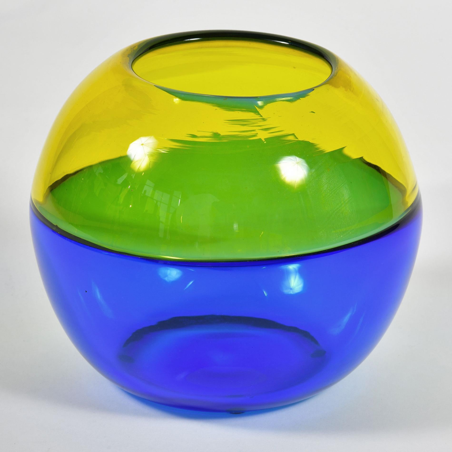 Perfect-sized vintage globe vase in vibrant contrasting bright blue and yellow. Signed.
