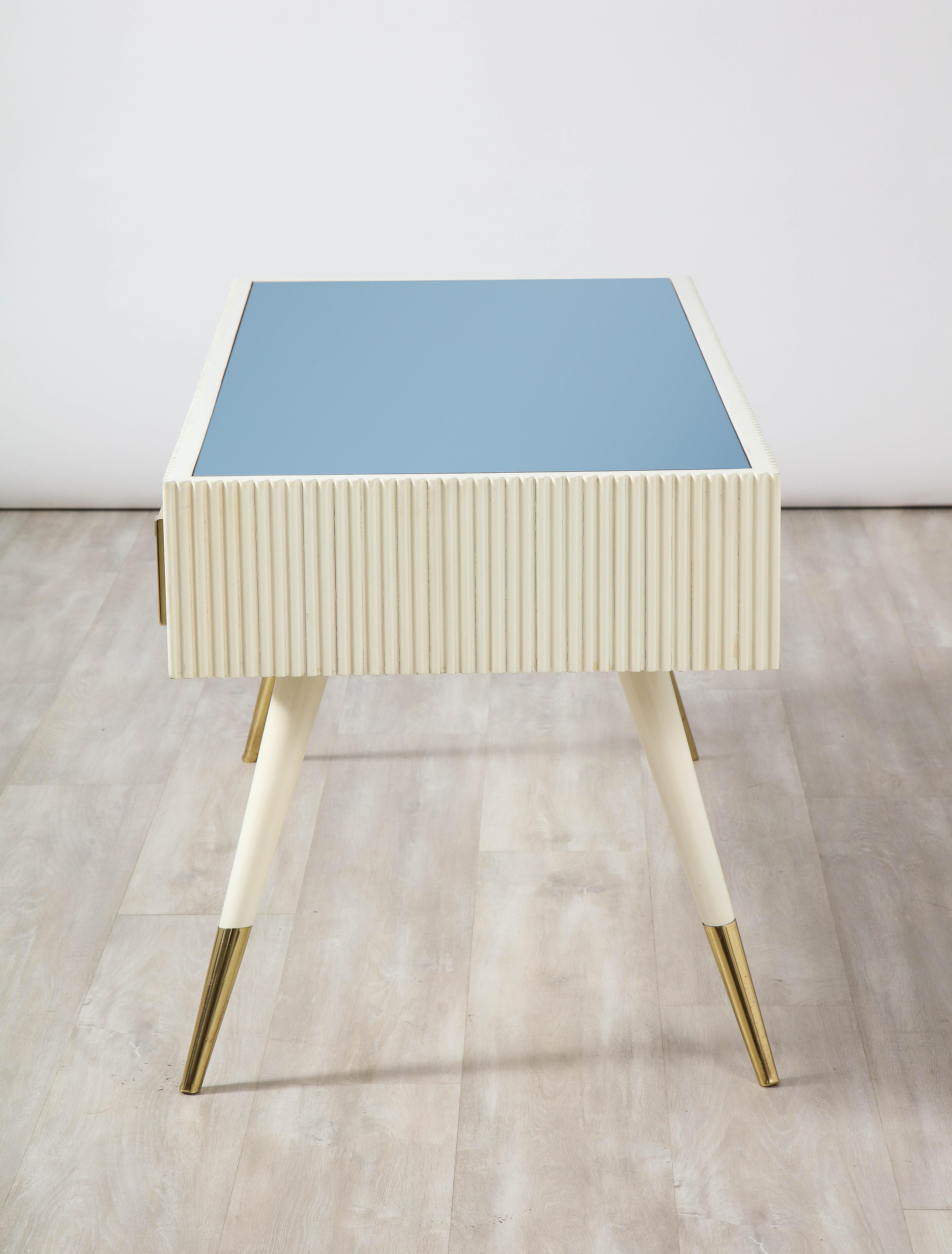 Italian 1950's Blue Glass and Painted Coffee Table with Brass Detail For Sale 4
