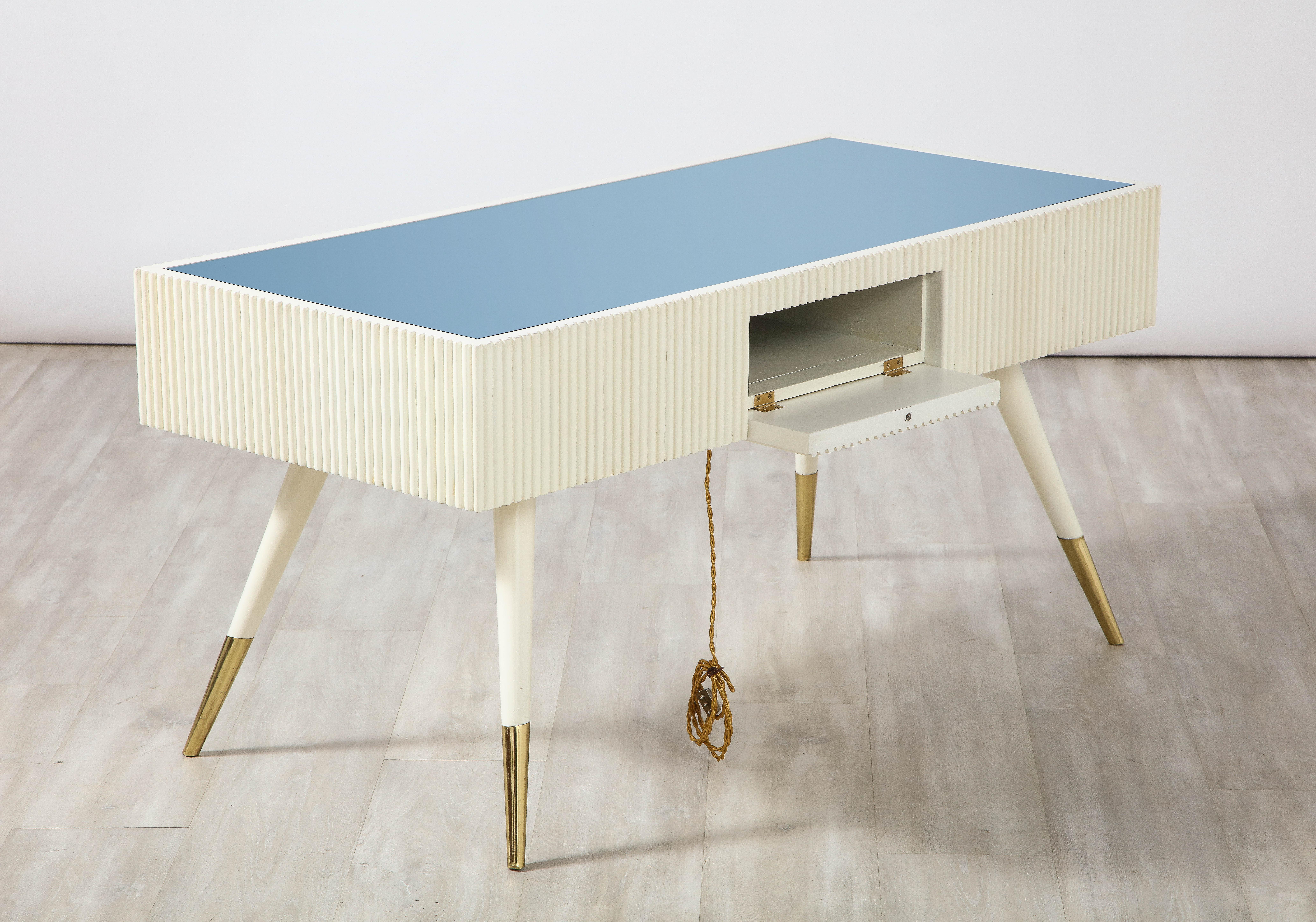 Italian 1950's Blue Glass and Painted Coffee Table with Brass Detail For Sale 5