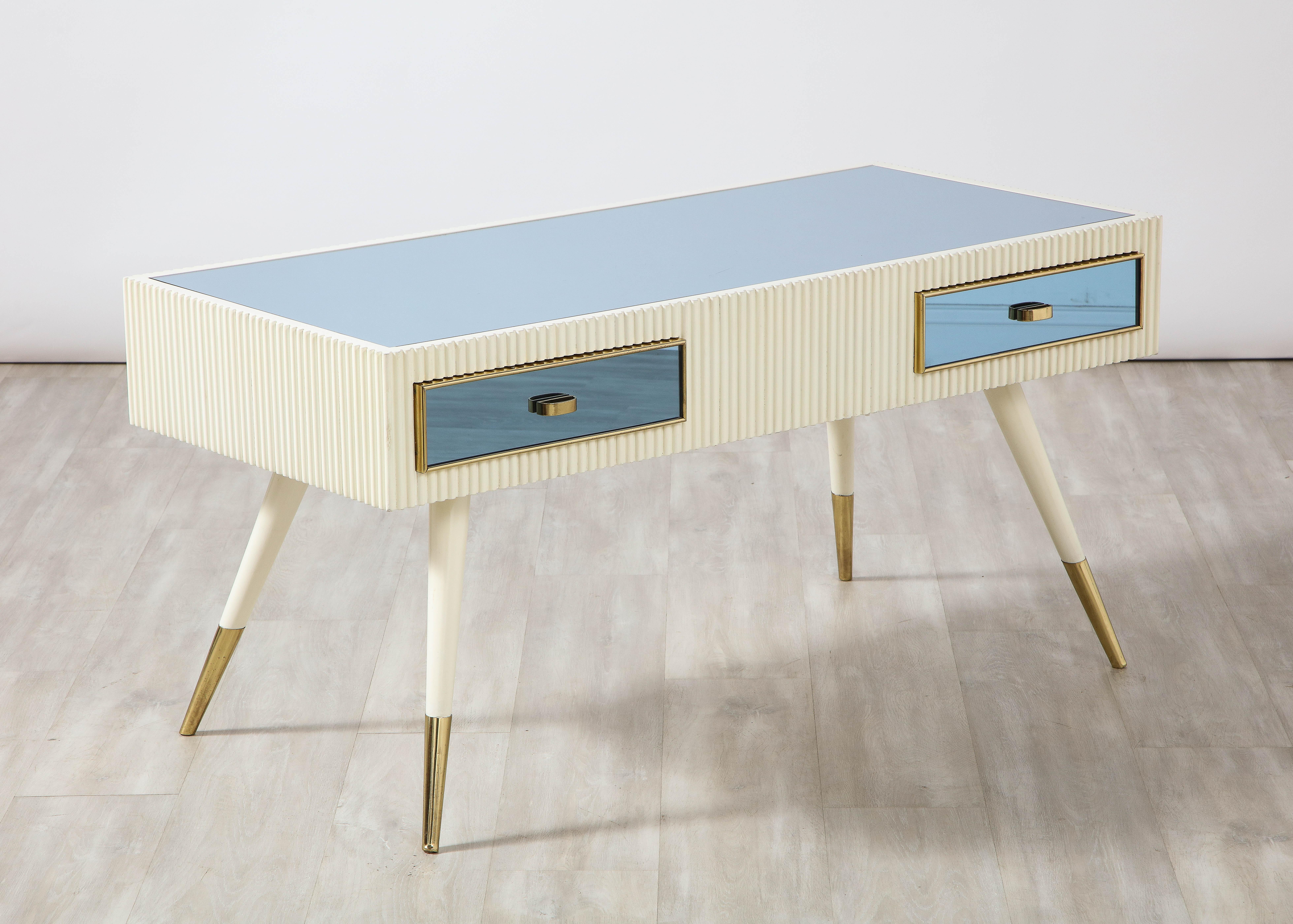 Italian 1950's Blue Glass and Painted Coffee Table with Brass Detail For Sale 10