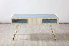 Italian 1950's Blue Glass and Painted Coffee Table with Brass Detail