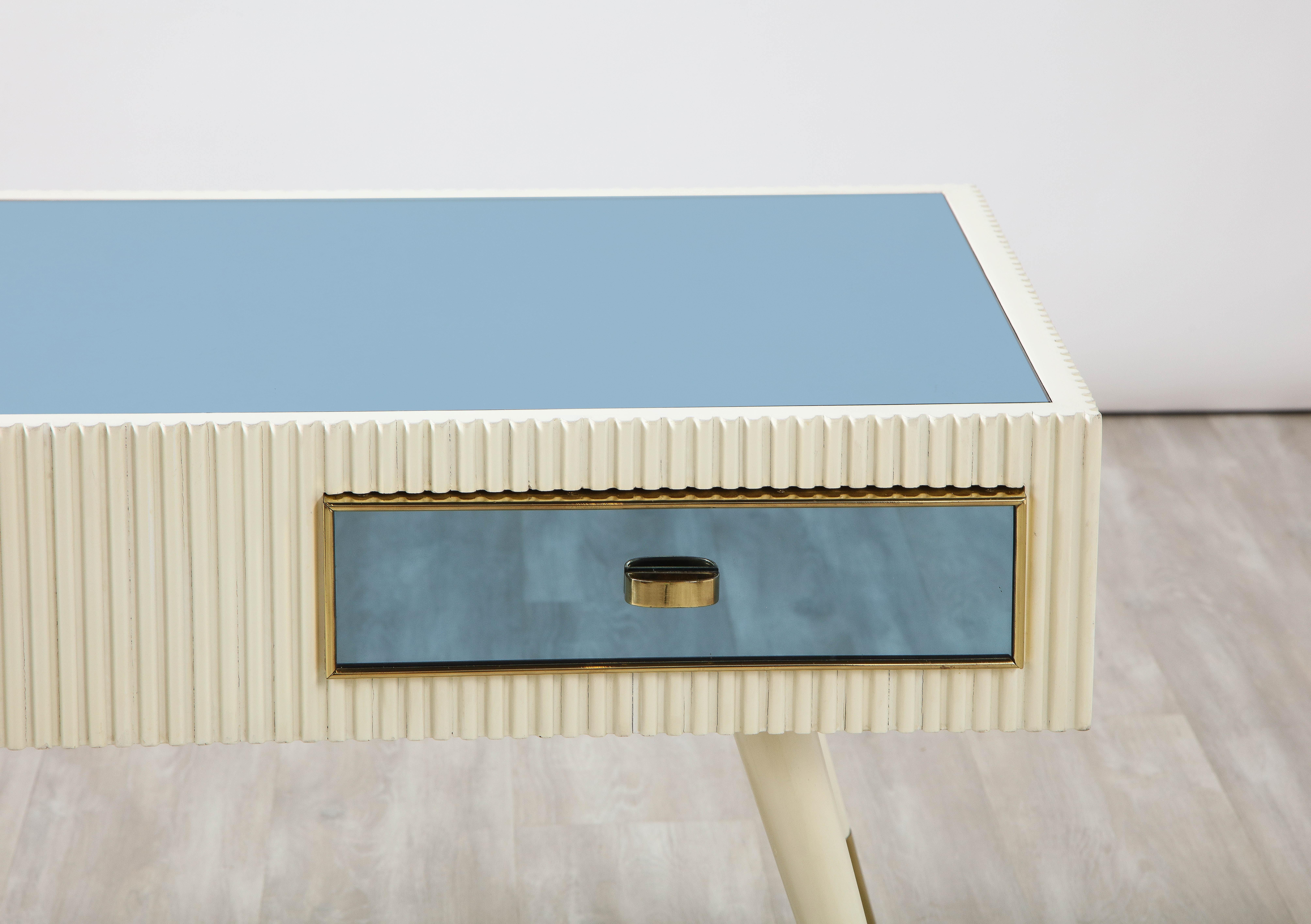 Mid-Century Modern Italian 1950's Blue Glass and Painted Coffee Table with Brass Detail For Sale