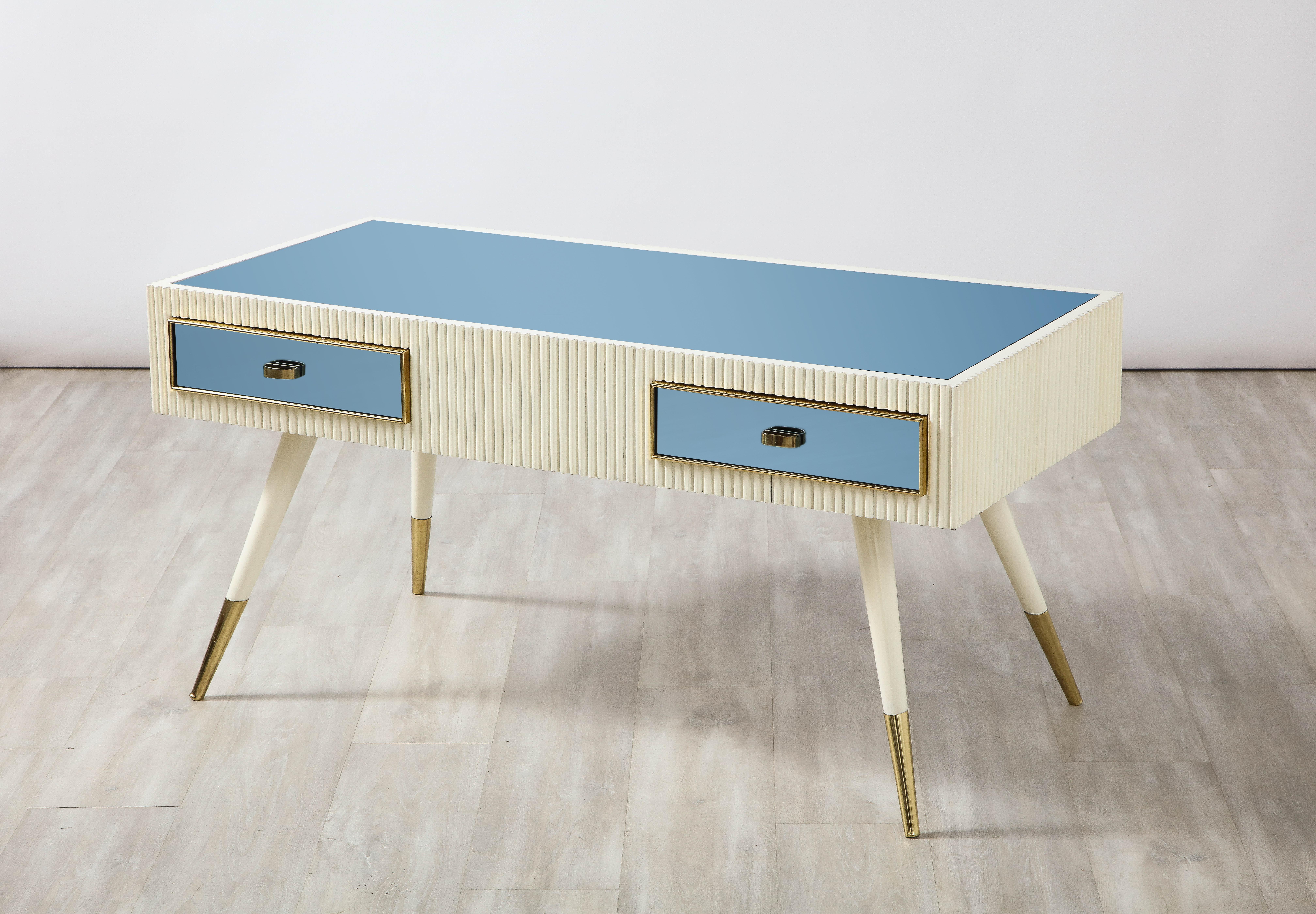 Mid-20th Century Italian 1950's Blue Glass and Painted Coffee Table with Brass Detail For Sale