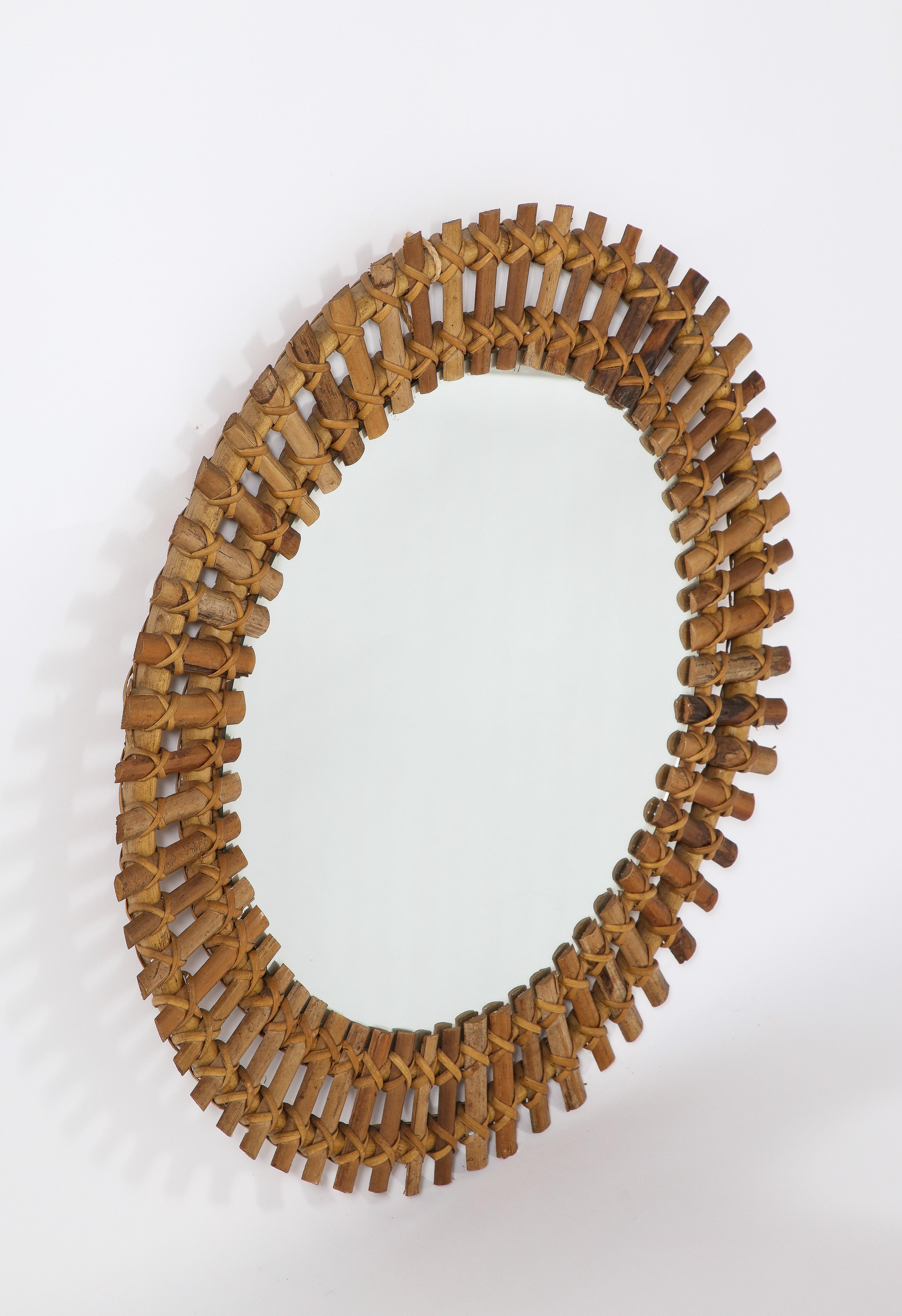 Italian 1950's Bonacina Bamboo Round Wall Mirror In Good Condition In New York, NY