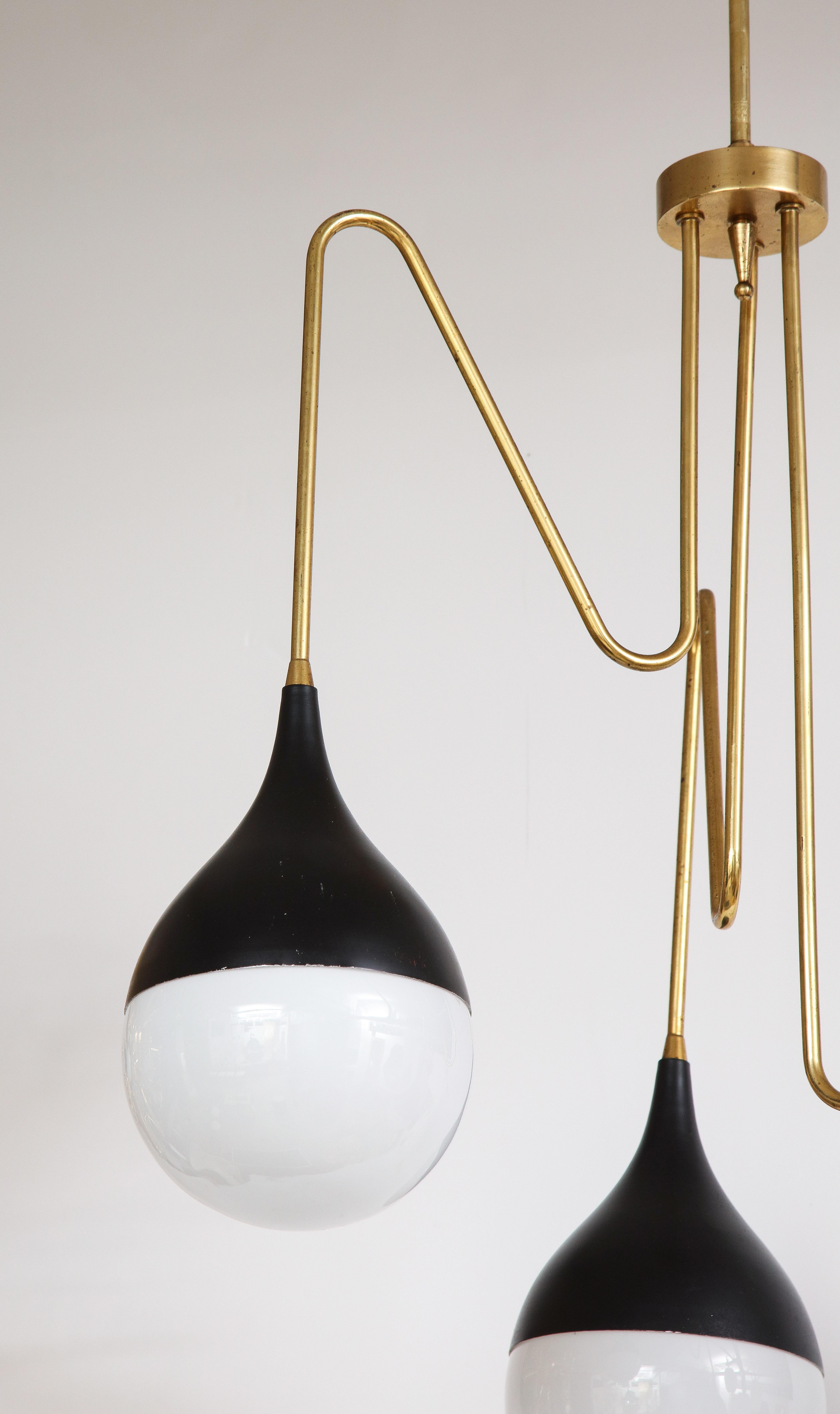 Mid-Century Modern Italian 1950's Brass and Glass Three Light Chandelier For Sale