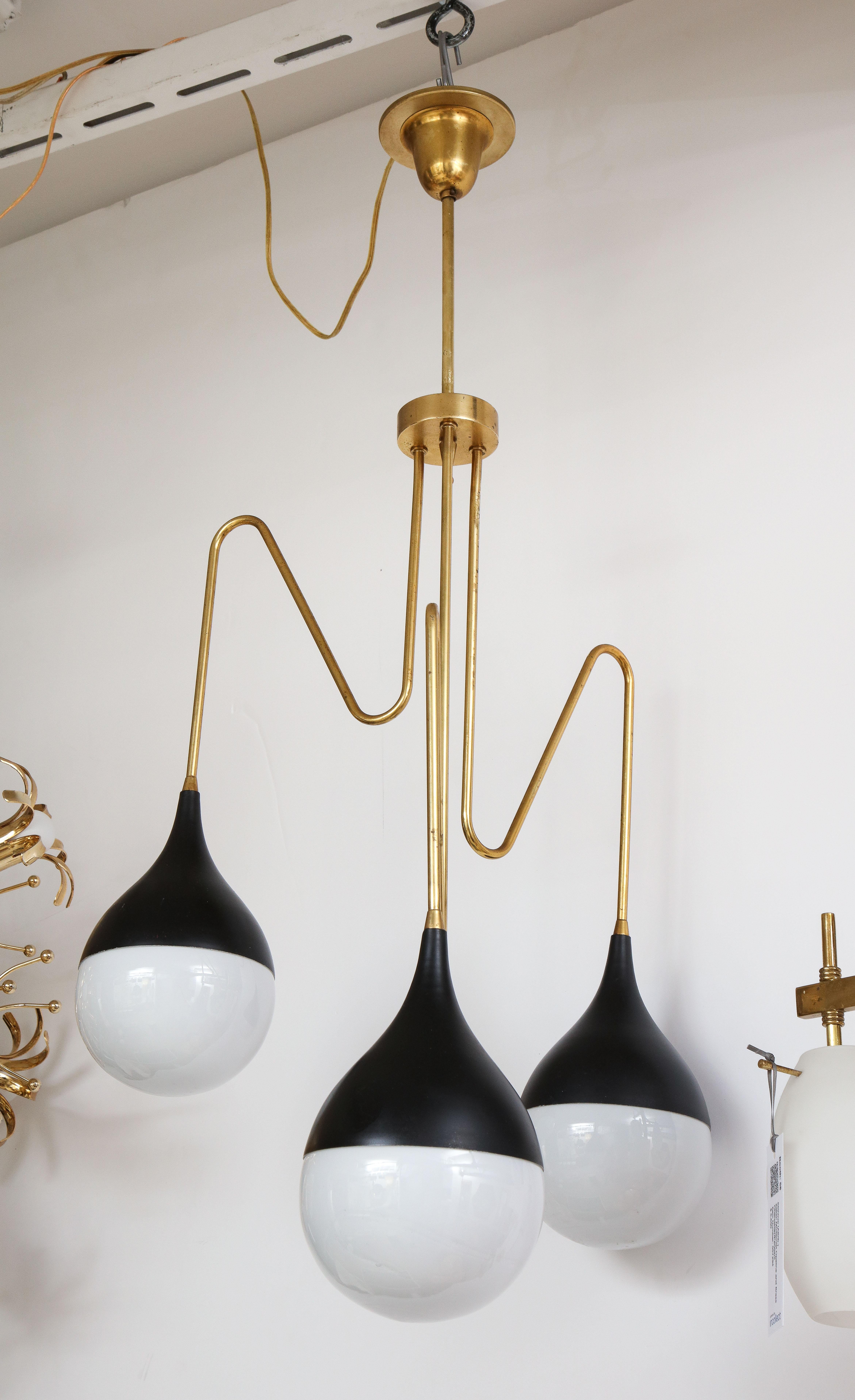 Mid-20th Century Italian 1950's Brass and Glass Three Light Chandelier For Sale