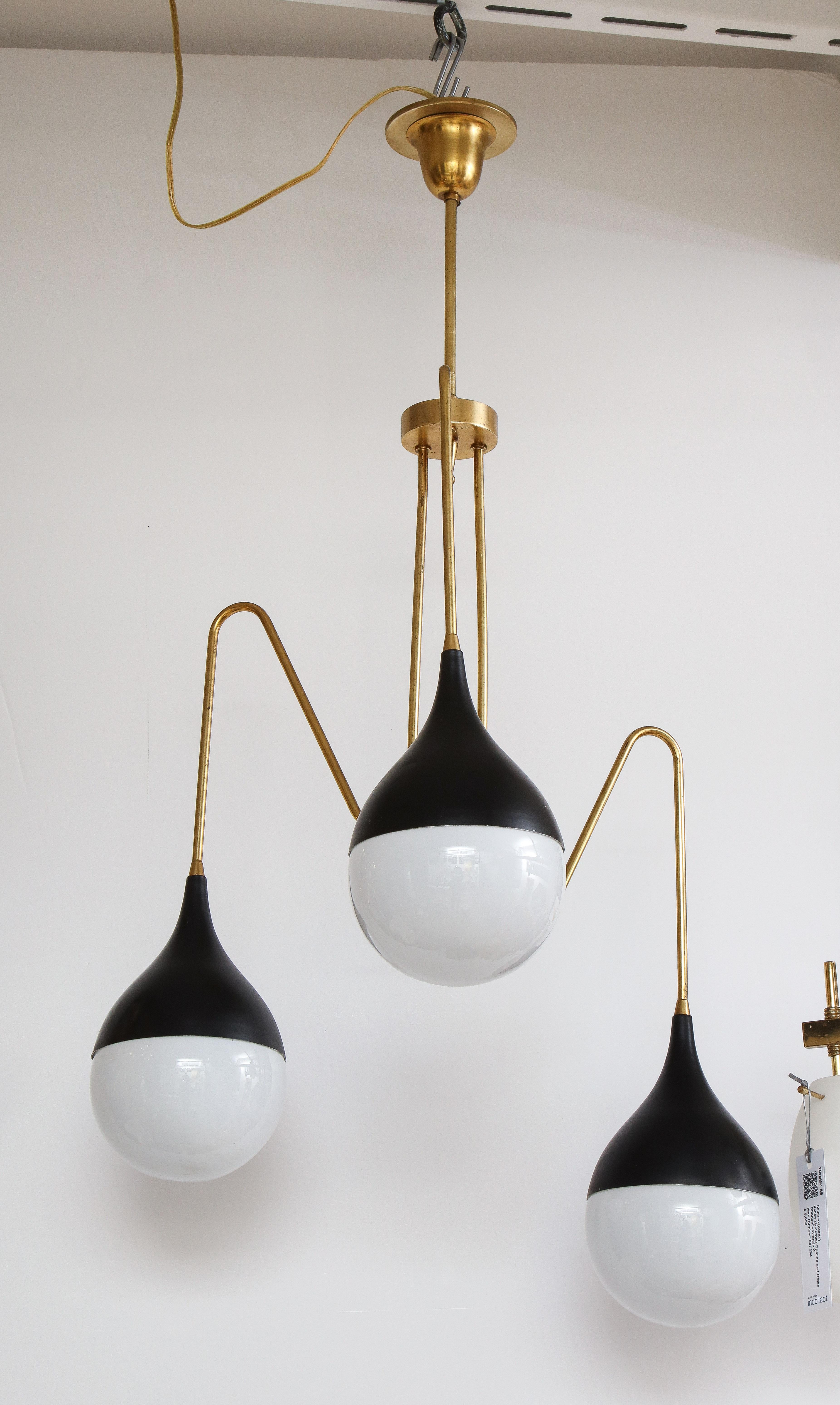 Italian 1950's Brass and Glass Three Light Chandelier For Sale 2