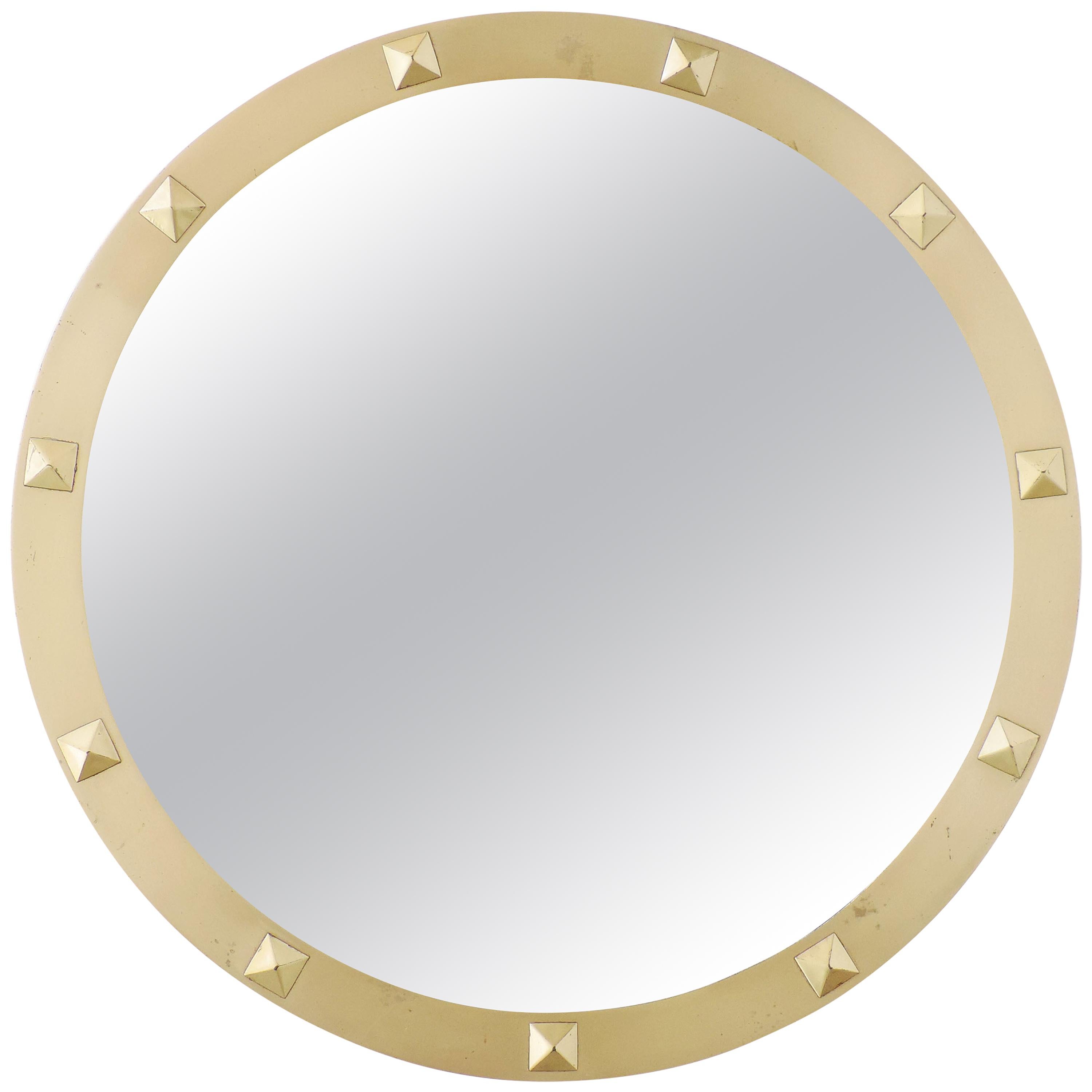 Italian 1950s Brass and Studs Circular Wall Mirror For Sale