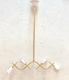 Italian 1950s Brass and White Enamel Pendant Light Chandelier