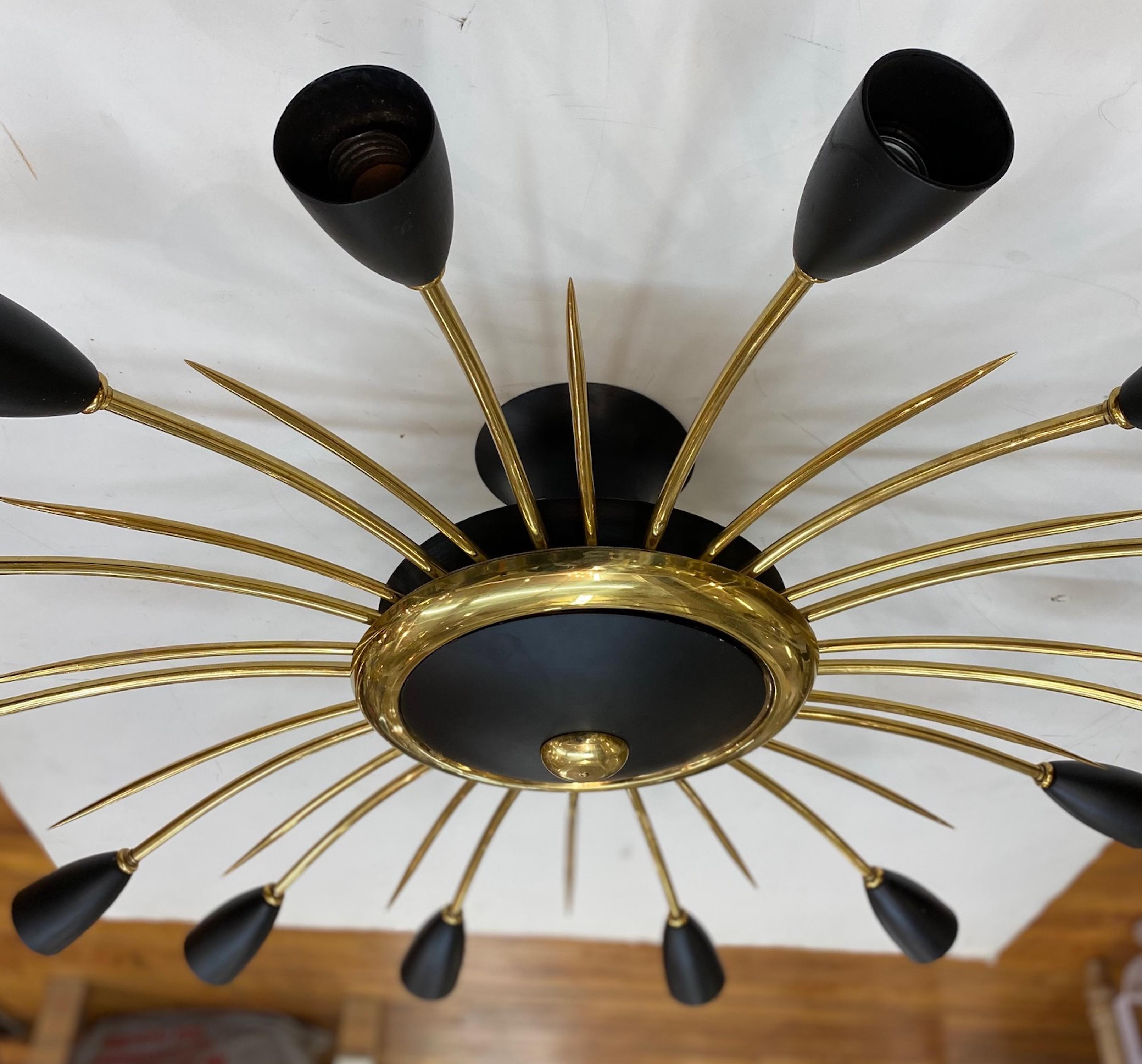 Mid-Century Modern Italian 1950s Brass & Black Enamel Large Starburst Ceiling Mount Light