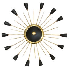 Italian 1950s Brass & Black Enamel Large Starburst Ceiling Mount Light