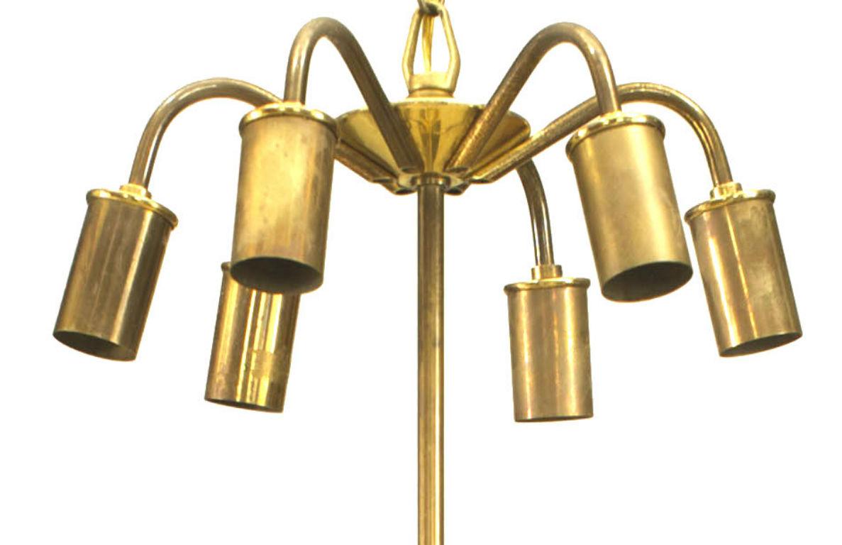 Italian Mid-Century (1950s) brass chandelier with 6 lights on bottom facing up and 6 lights on top facing down.
