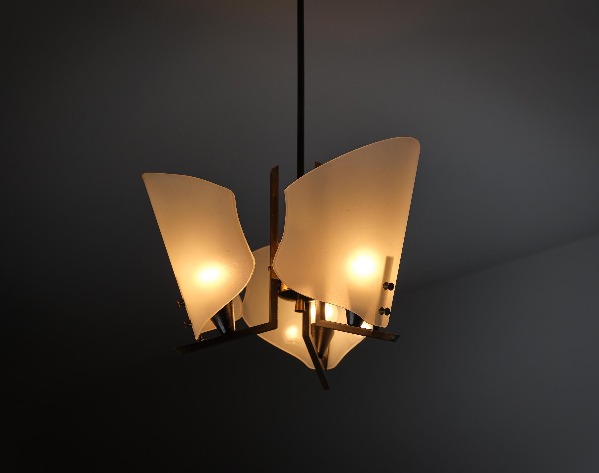 Mid-20th Century Italian 1950s Brass Chandelier with Opal Glass Shades For Sale
