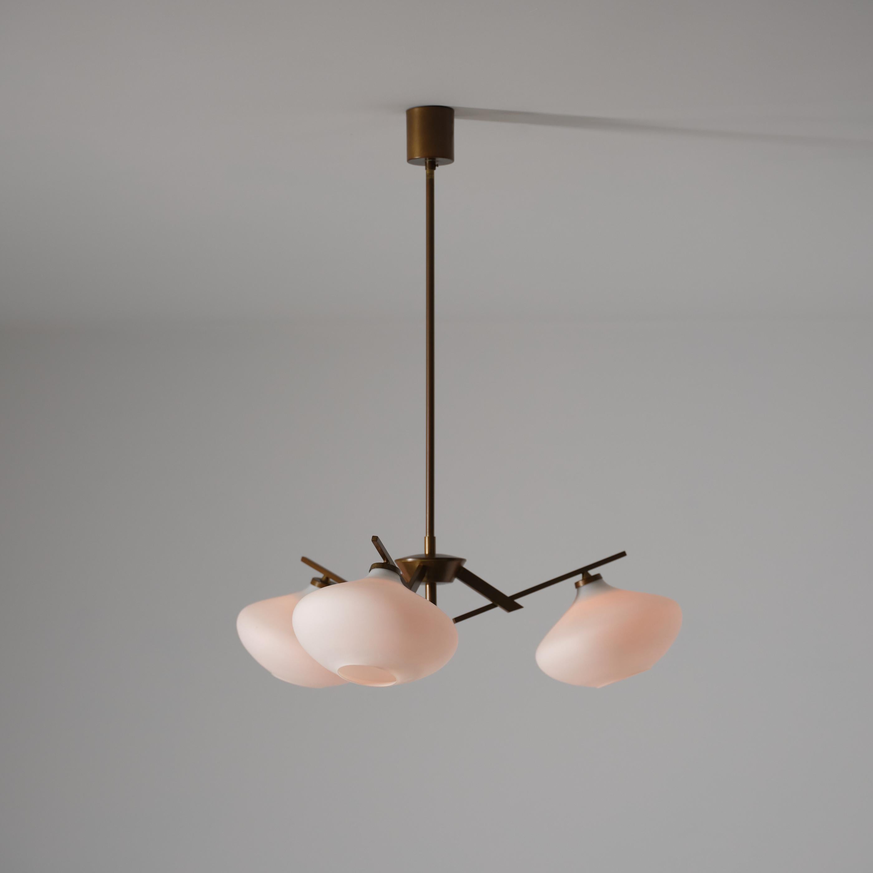 Mid-Century Modern Italian 1950s Brass Chandelier with Three Opaline Glass Shades For Sale