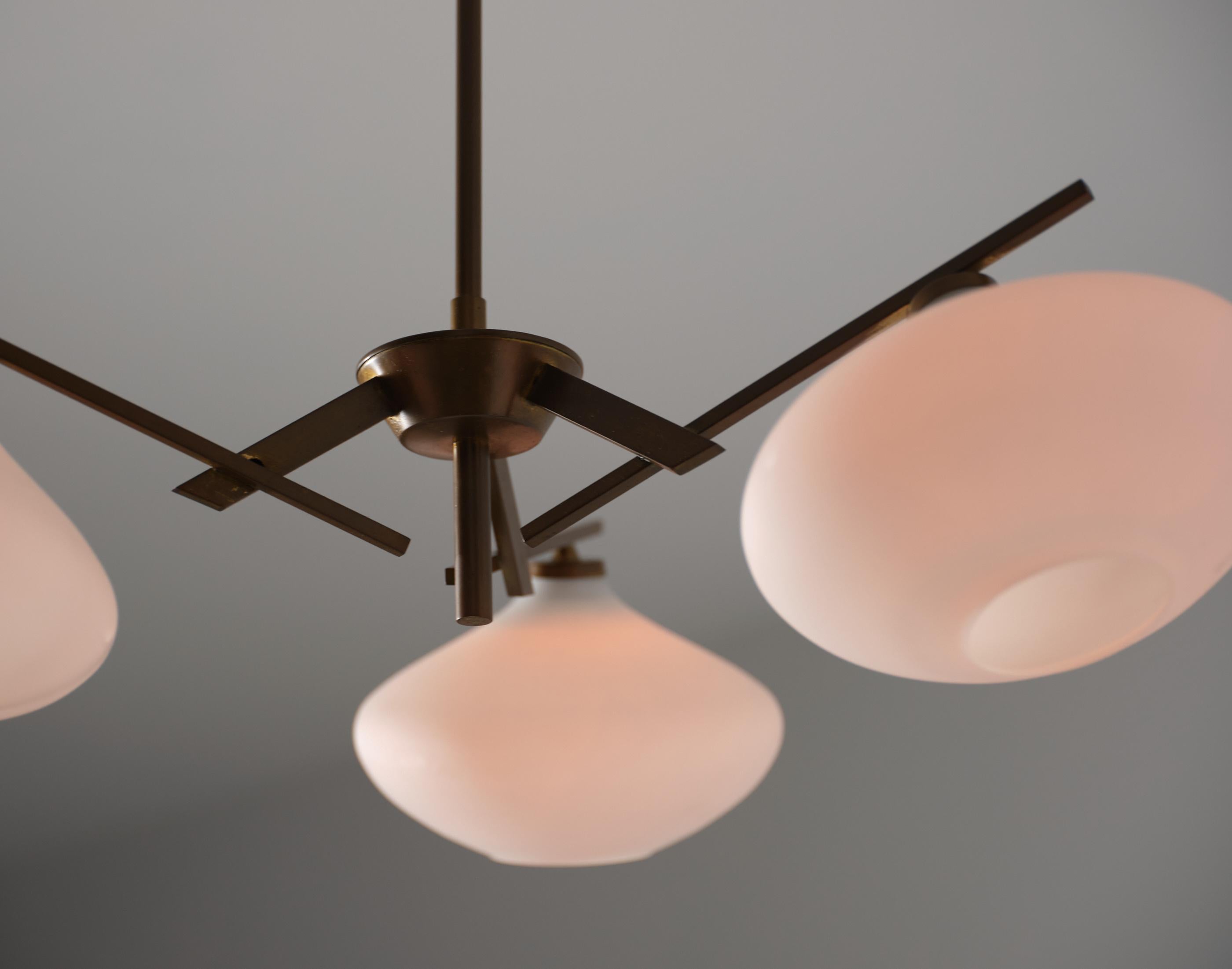 Mid-20th Century Italian 1950s Brass Chandelier with Three Opaline Glass Shades For Sale