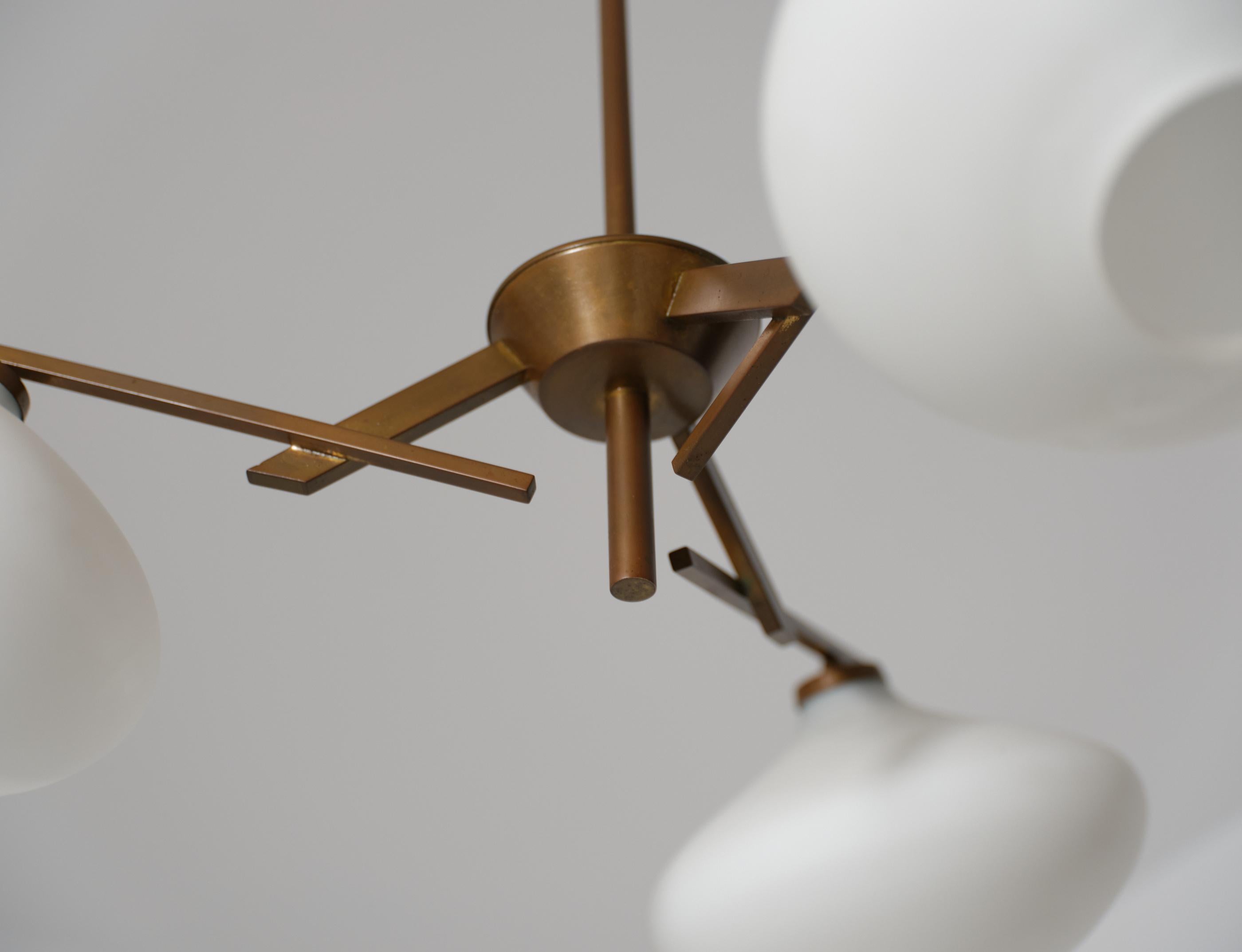 Italian 1950s Brass Chandelier with Three Opaline Glass Shades For Sale 2