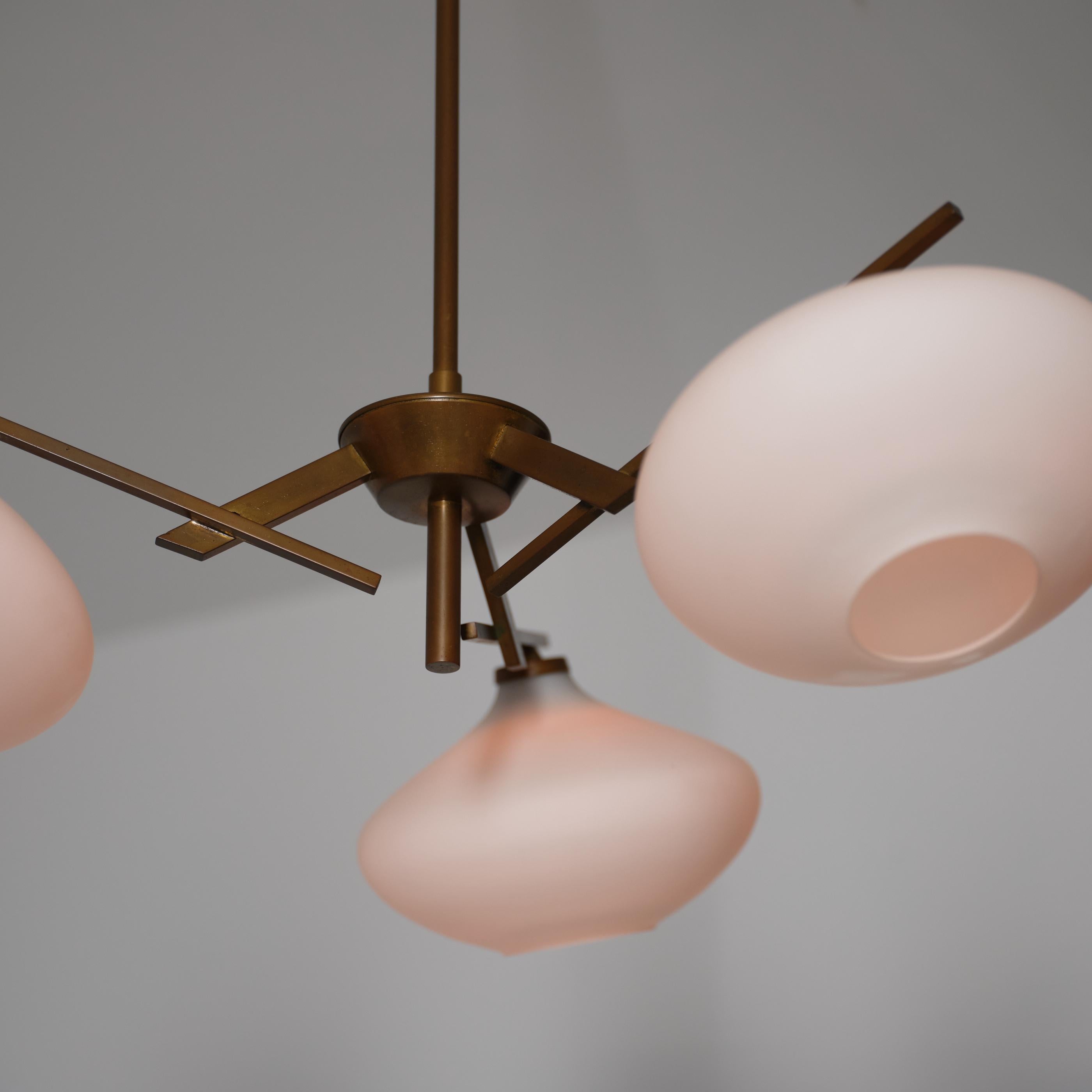 Italian 1950s Brass Chandelier with Three Opaline Glass Shades For Sale 3