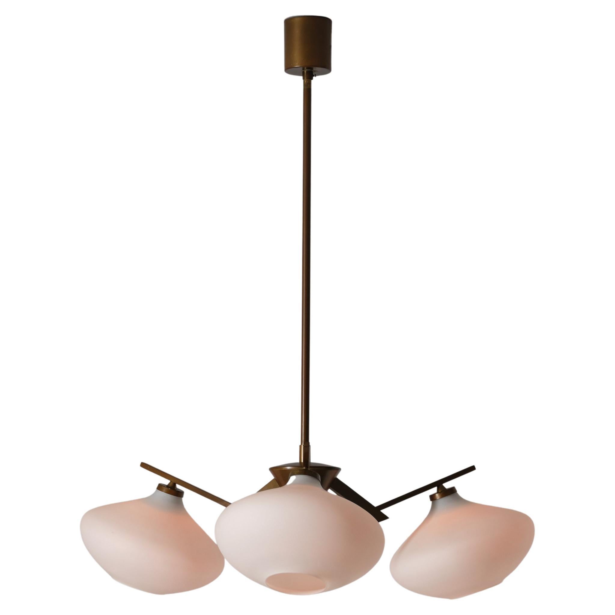 Italian 1950s Brass Chandelier with Three Opaline Glass Shades