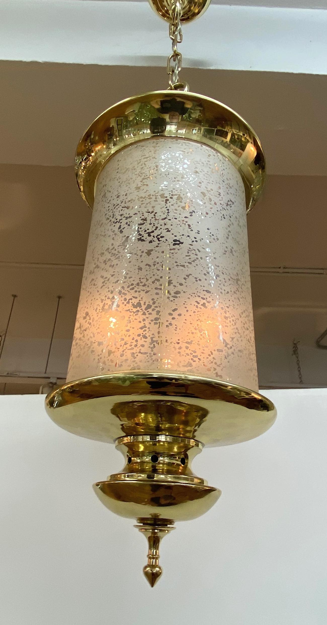 Italian 1950s Brass Lantern with Acid Etched Blown Glass Shade For Sale 5