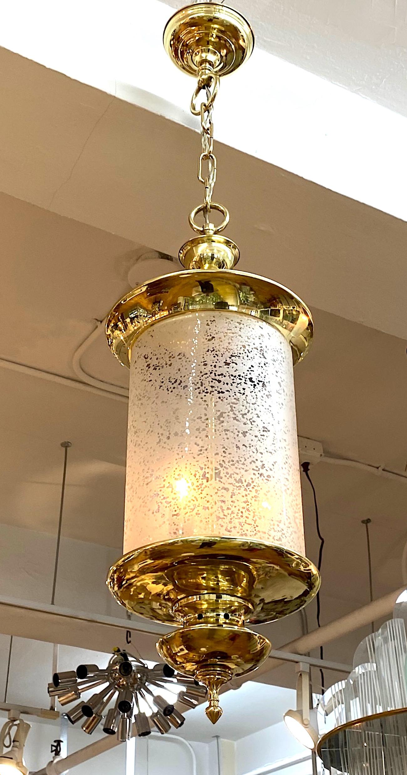 Italian 1950s Brass Lantern with Acid Etched Blown Glass Shade For Sale 8