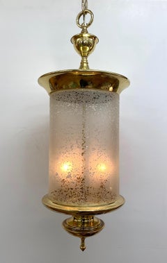 Italian 1950s Brass Lantern with Acid Etched Blown Glass Shade