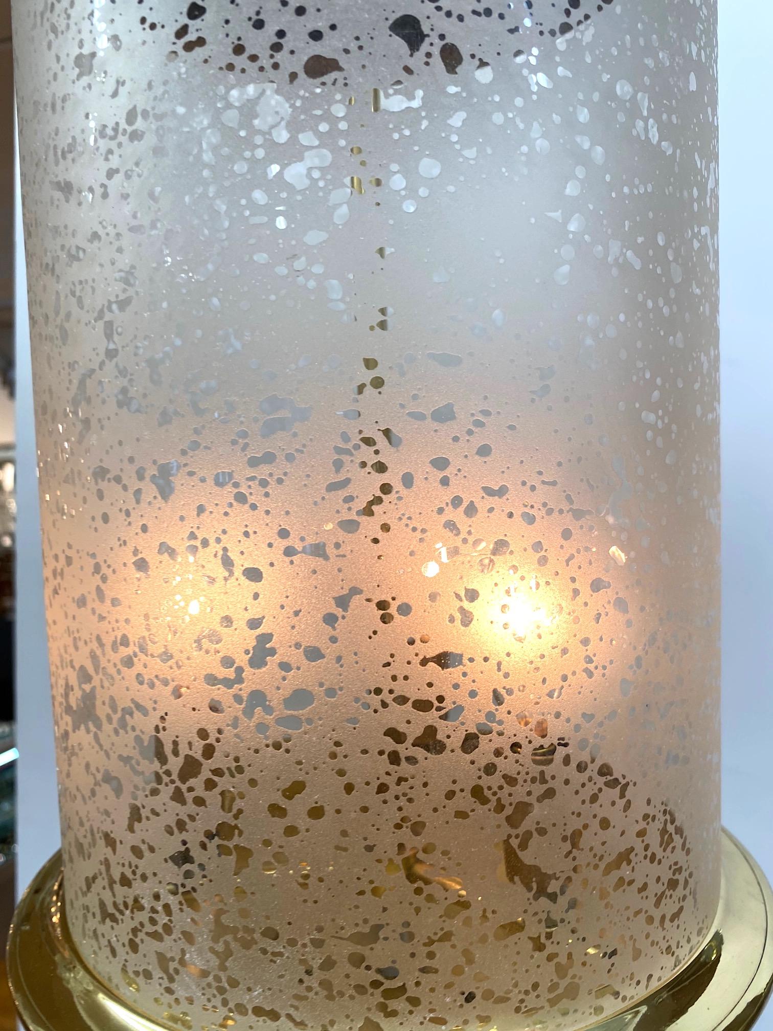 Mid-Century Modern Italian 1950s Brass Lantern with Acid Etched Blown Glass Shade For Sale