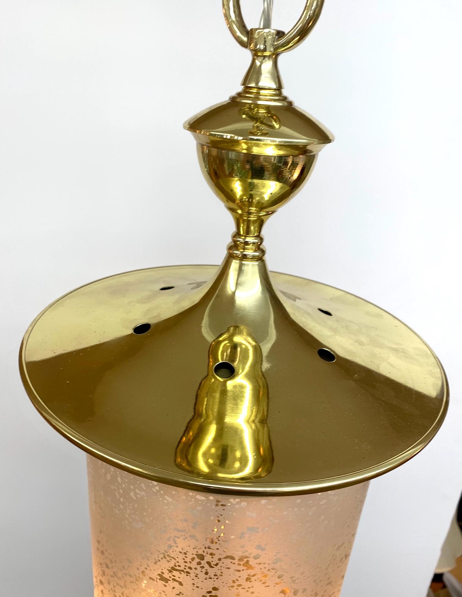 Italian 1950s Brass Lantern with Acid Etched Blown Glass Shade For Sale 1