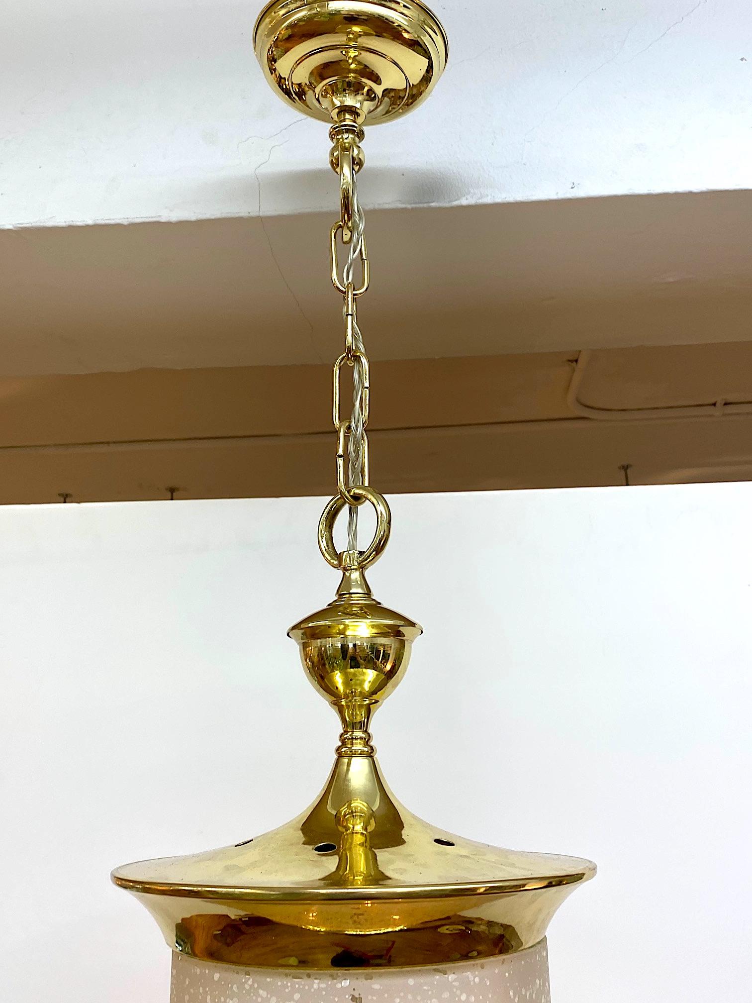Italian 1950s Brass Lantern with Acid Etched Blown Glass Shade For Sale 3