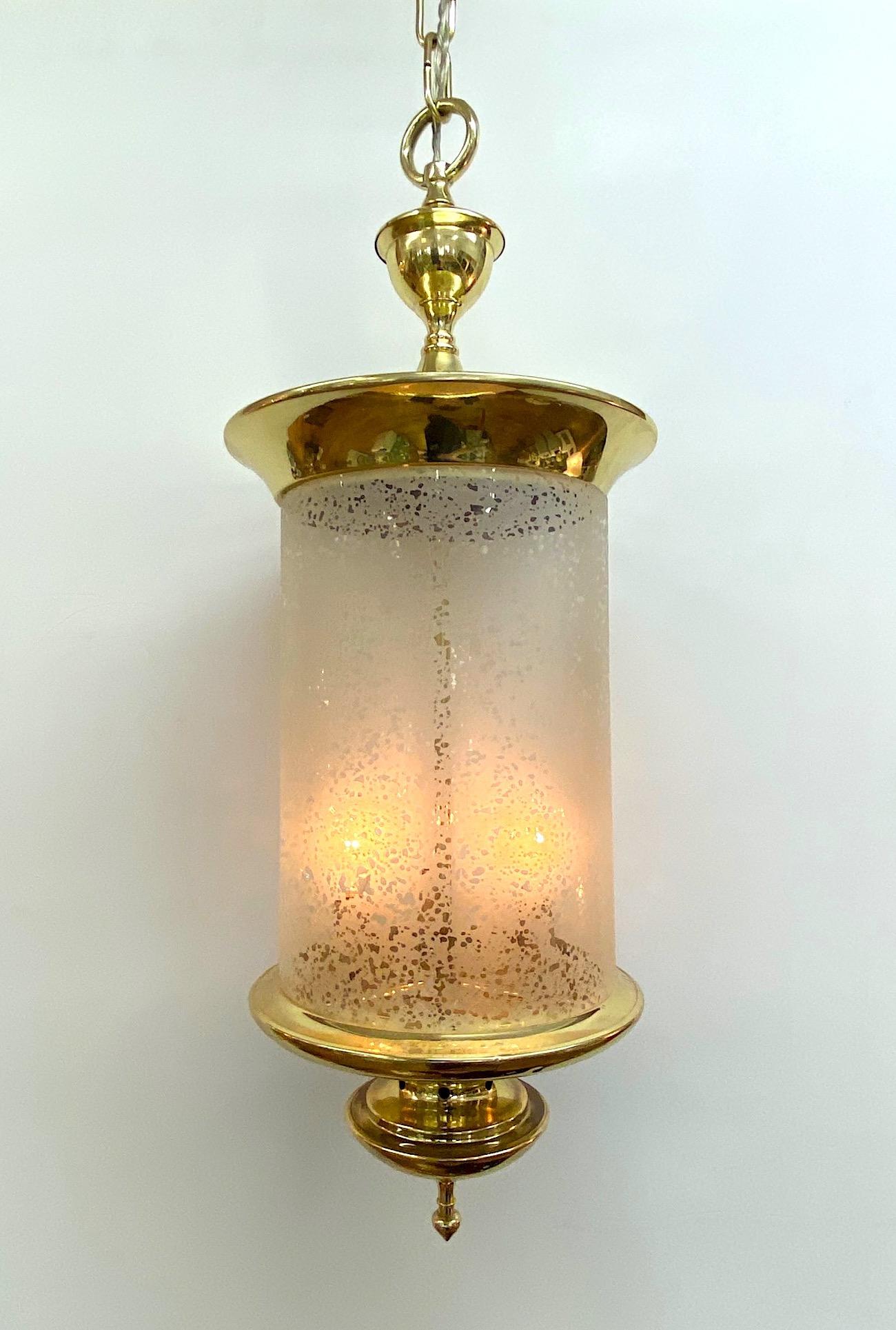 Italian 1950s Brass Lantern with Acid Etched Blown Glass Shade For Sale 4