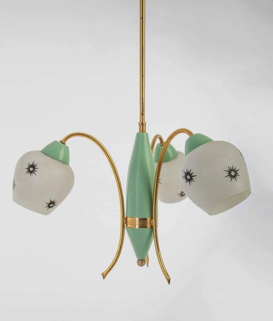 Stained Stilnovo 1950s Brass and Green Enameled Metal Chandelier with Glass Shades For Sale