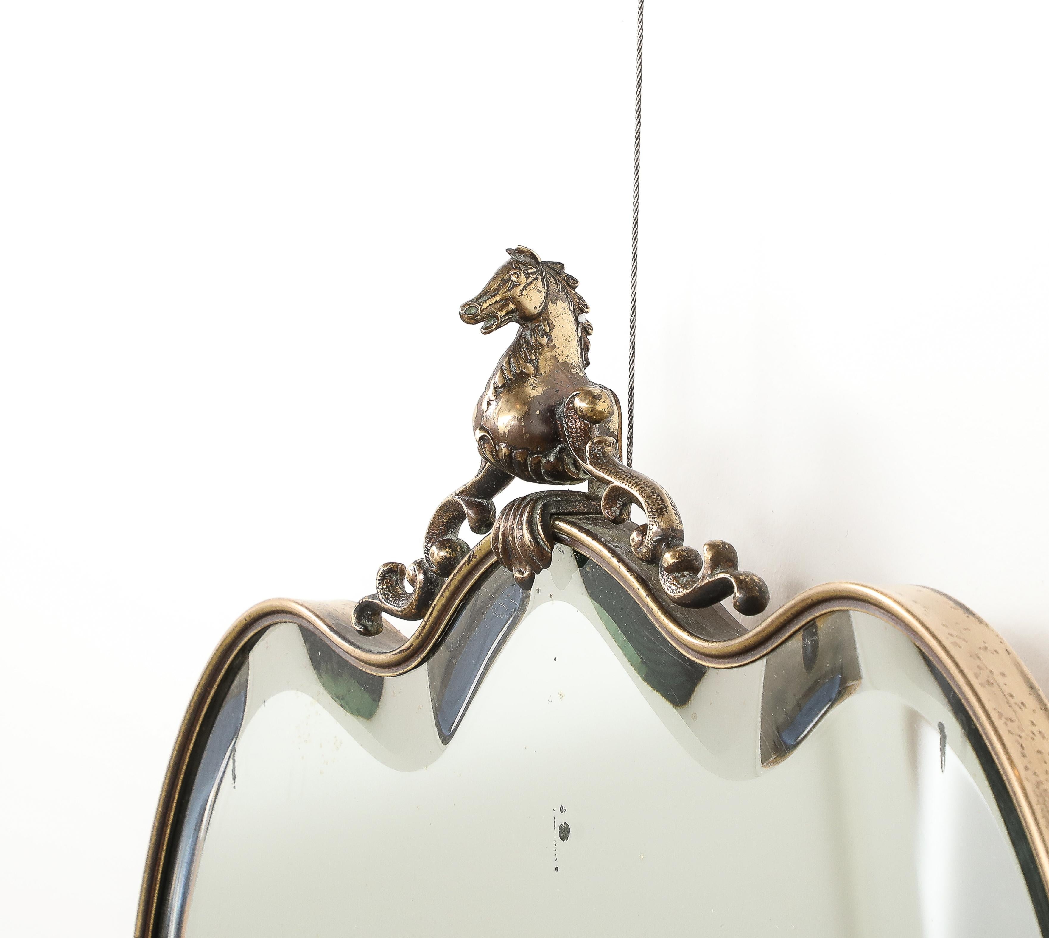 Mid-Century Modern Italian 1950's Brass Shaped Wall Mirror with Horse Sculpture For Sale