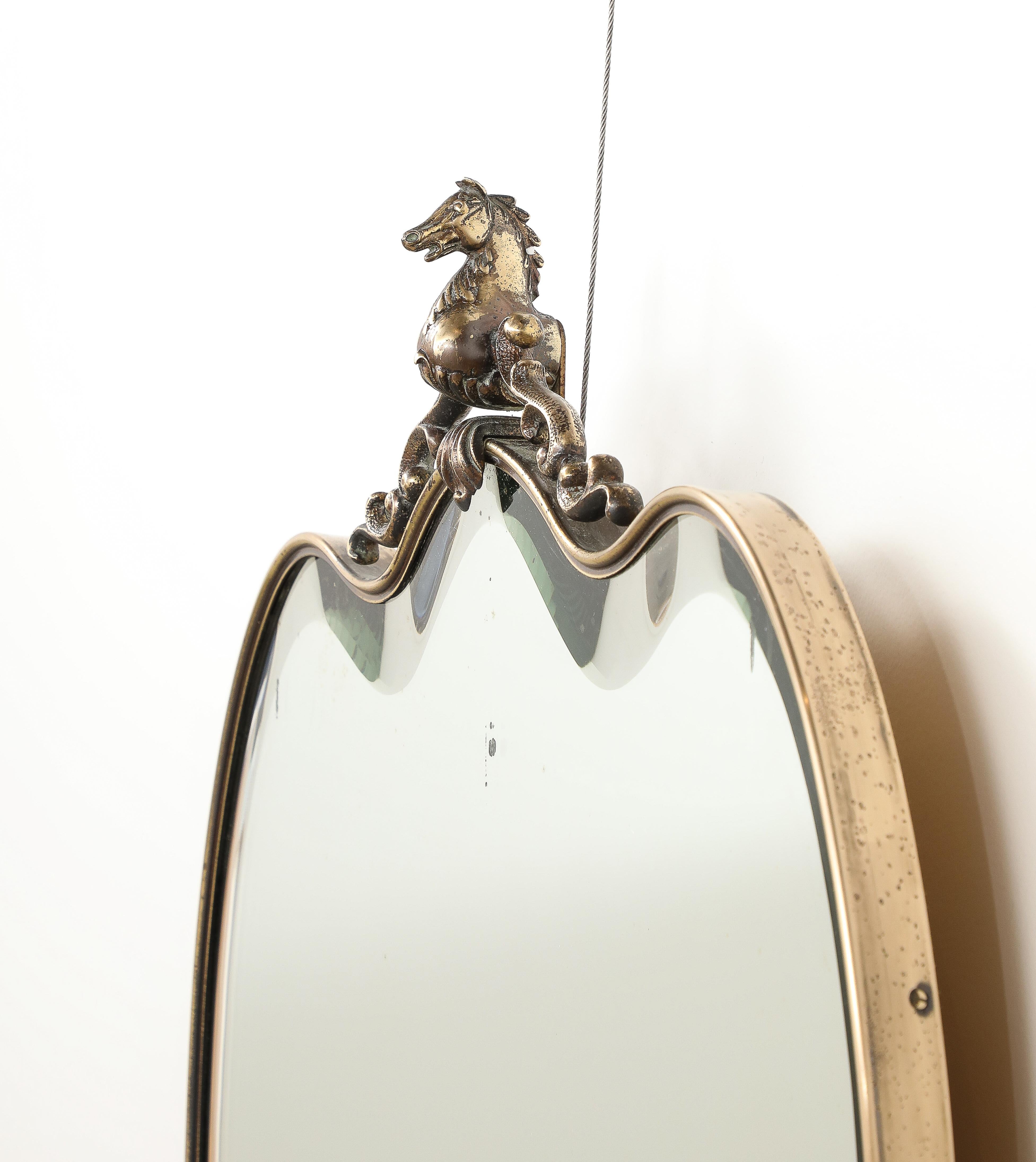 Italian 1950's Brass Shaped Wall Mirror with Horse Sculpture For Sale 1