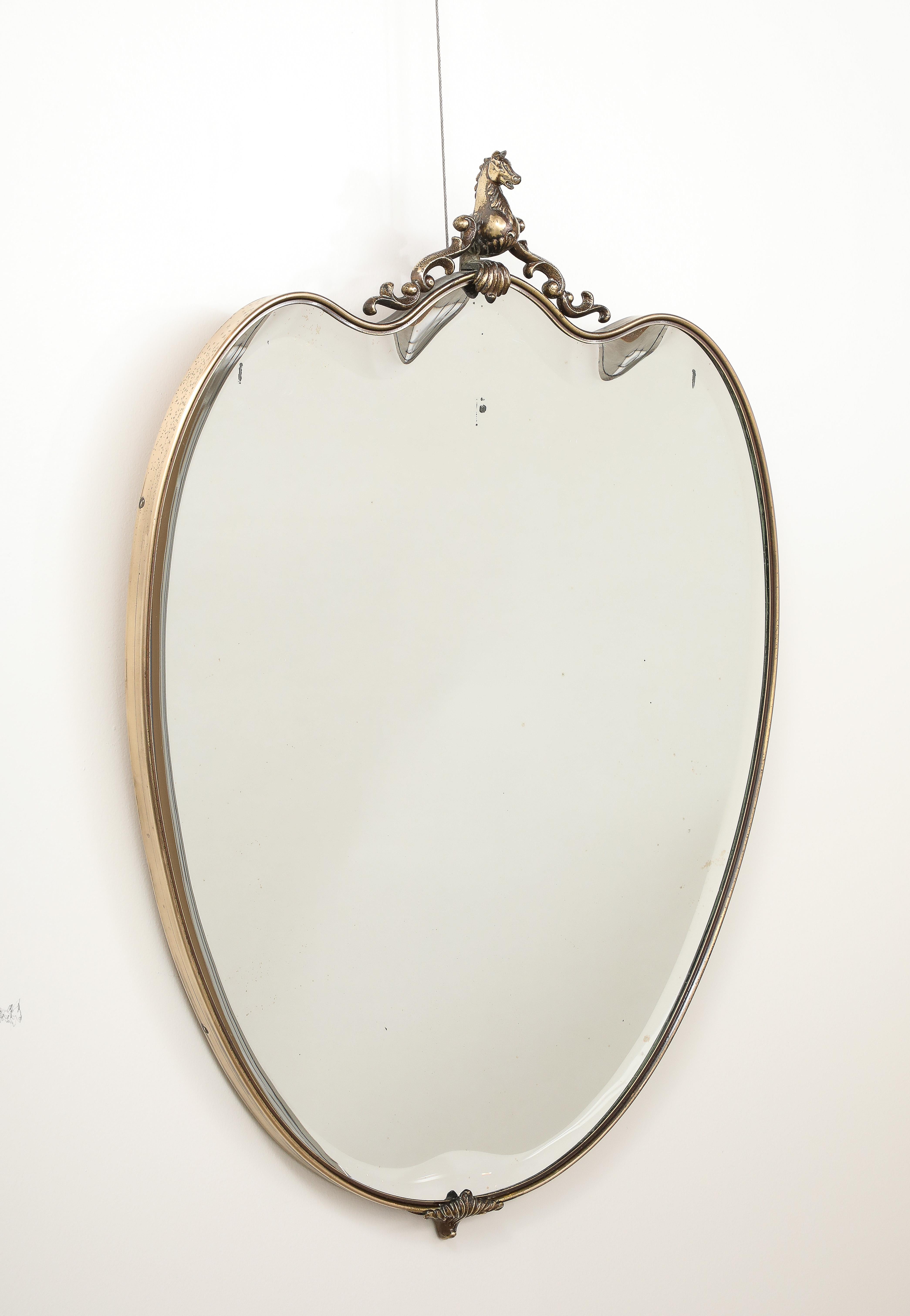 Italian 1950's Brass Shaped Wall Mirror with Horse Sculpture For Sale 2
