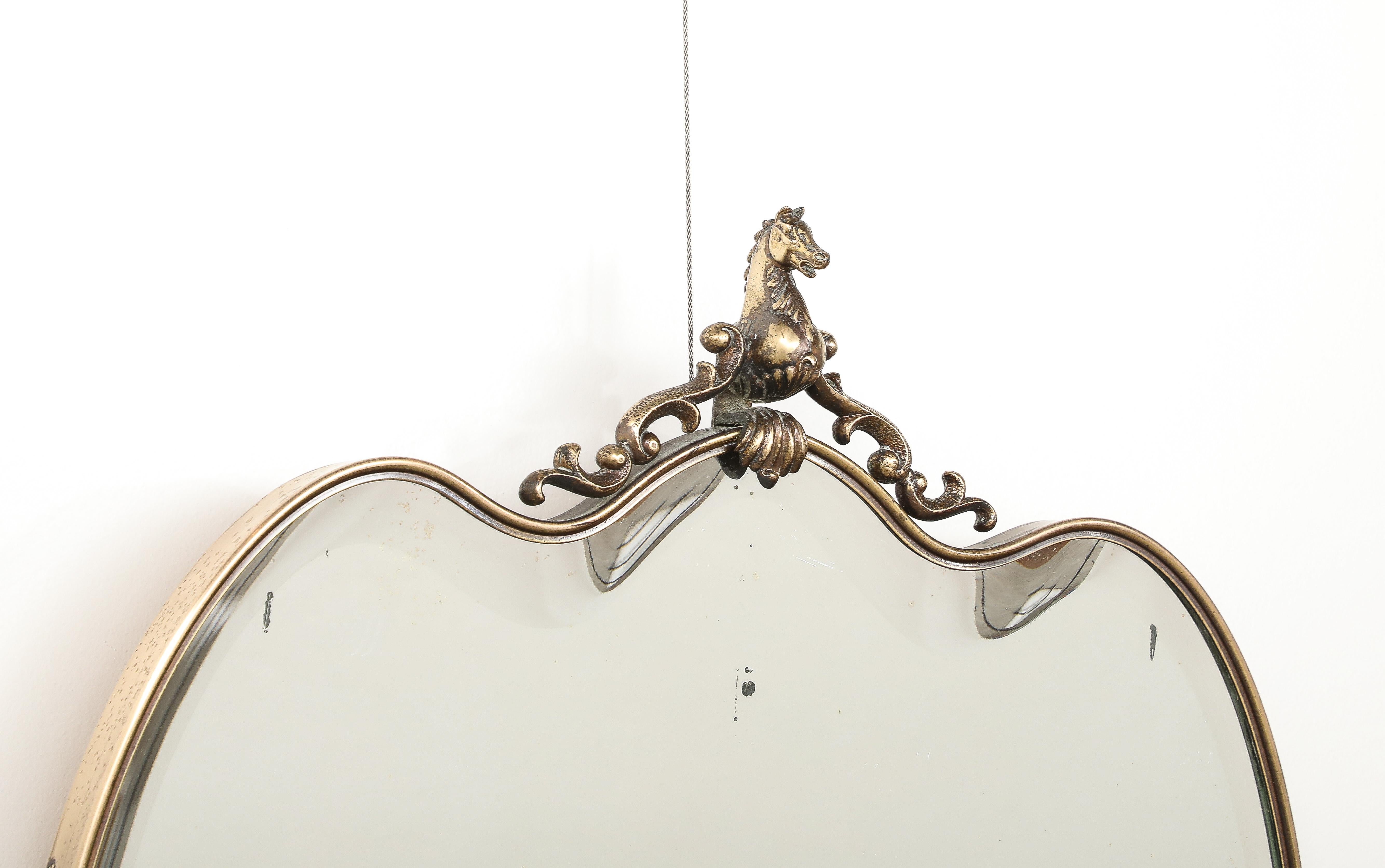 Italian 1950's Brass Shaped Wall Mirror with Horse Sculpture For Sale 3
