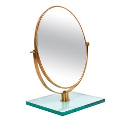 Italian 1950s Brass Table Mirror on Glass Stand in the Style of Gio Ponti