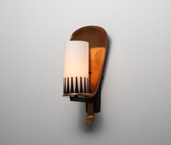 Italian 1950s Bronze and Black-Lacquered Steel Wall Sconce with Opaline Glass