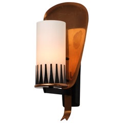 Italian 1950s Bronze and Black-Lacquered Steel Wall Sconce with Opaline Glass