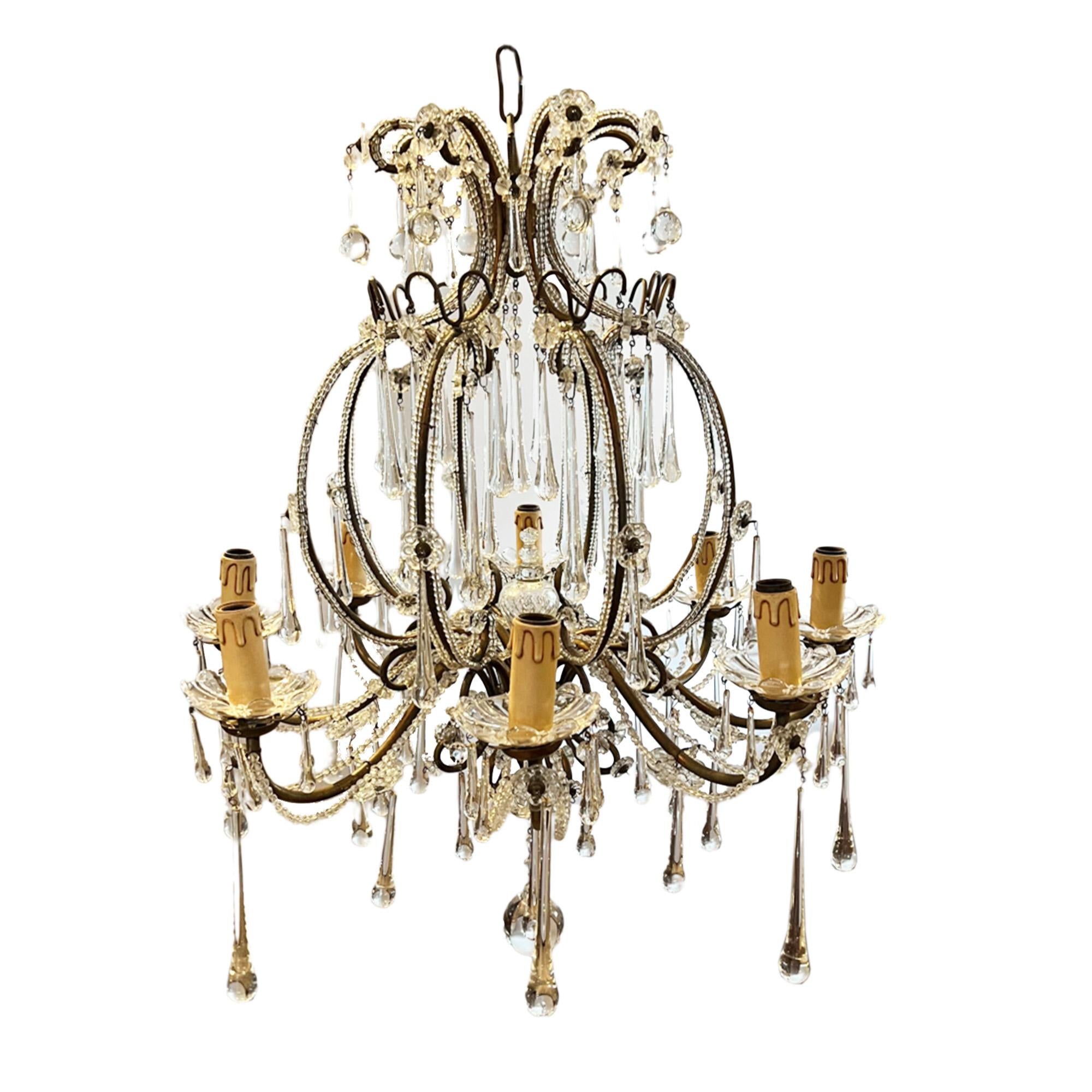 Neoclassical Italian 1950s Chandelier with Large Tear Drops For Sale