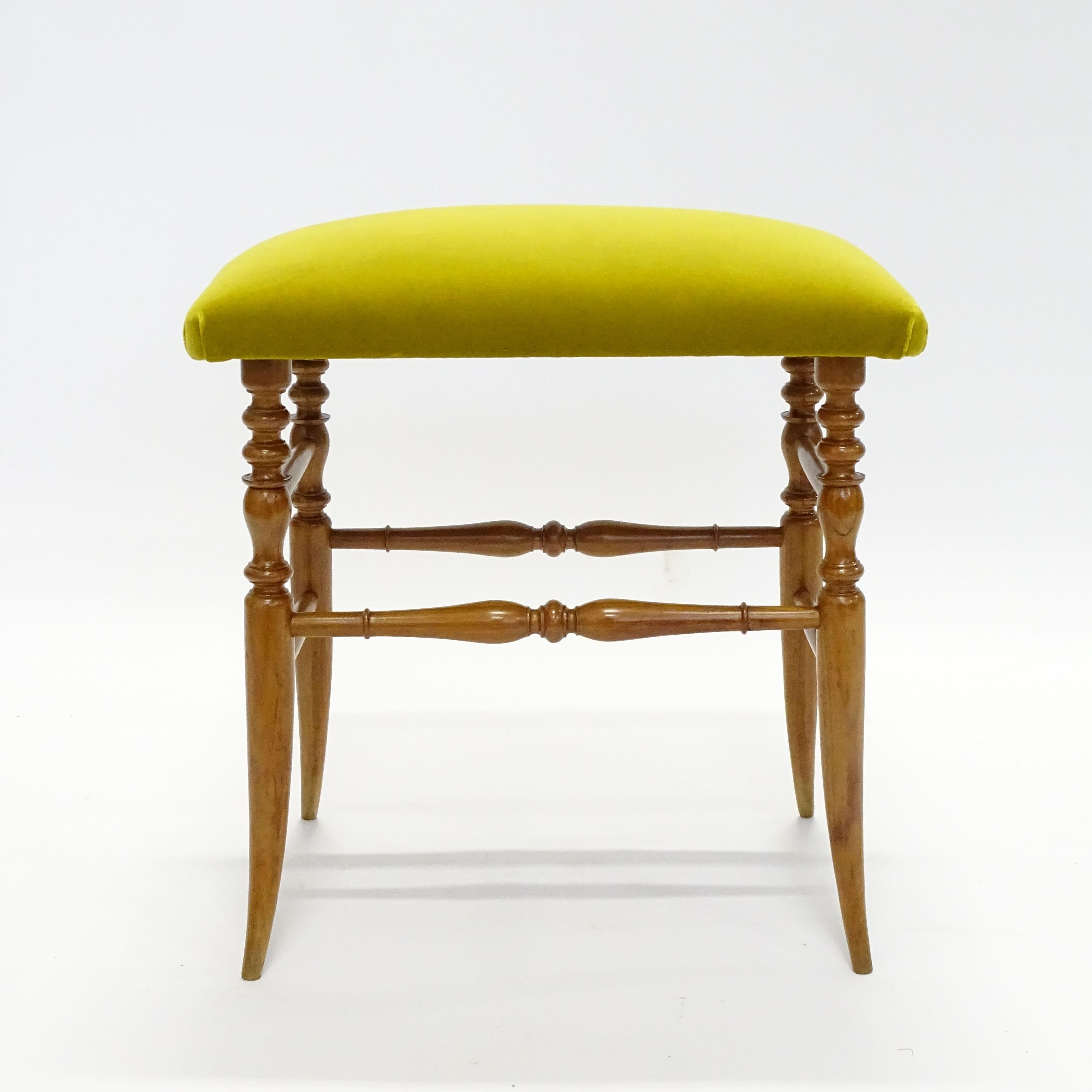 Mid-Century Modern Italian 1950s Chiavarina Wooden Stool with Yellow Velvet Upholstery For Sale