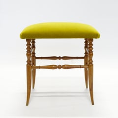 Italian 1950s Chiavarina Wooden Stool with Yellow Velvet Upholstery